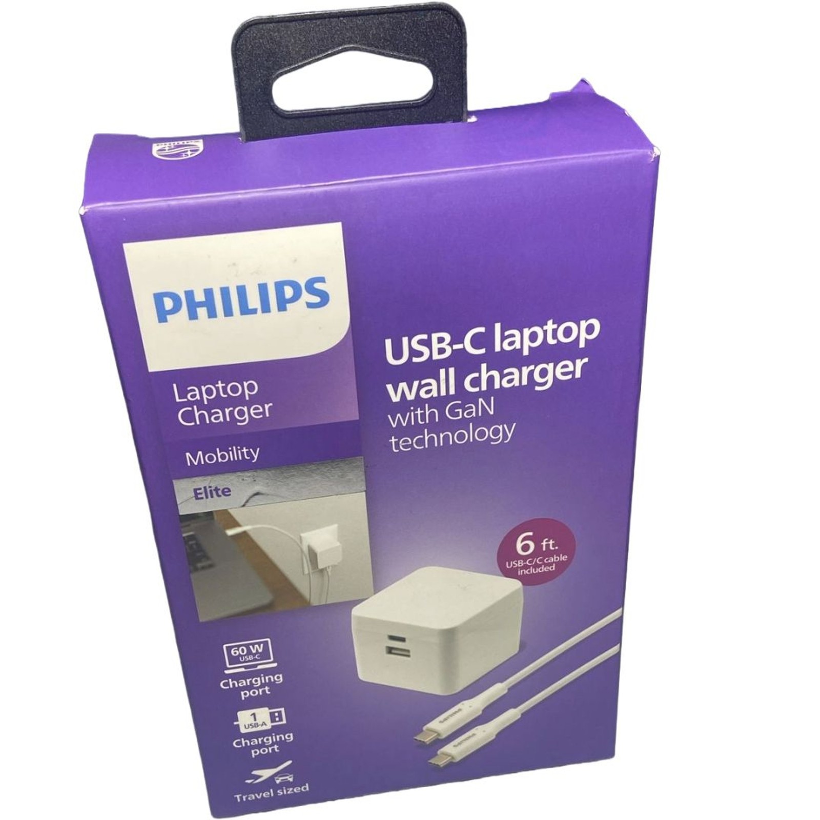 Philips 67.5W GaN USB-C PD Wall Charger + 6ft Cable, Dual Port, BOX WEAR See Pic