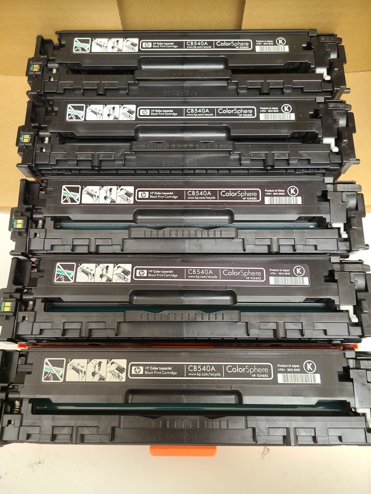 HP CB540A Toner Cartridge Lot - 5 Virgin empty cartridges w/ chip - Black