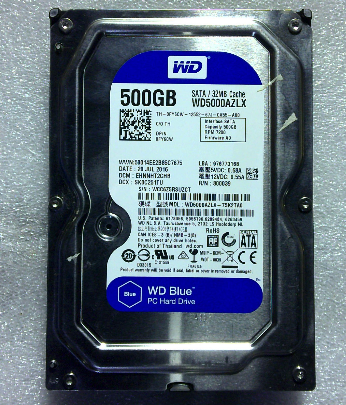 Western Digital Marvell - WD5000AZLX-75K2TA0 - 500GB - EHNNHT2CHB - 05.49H - SN: