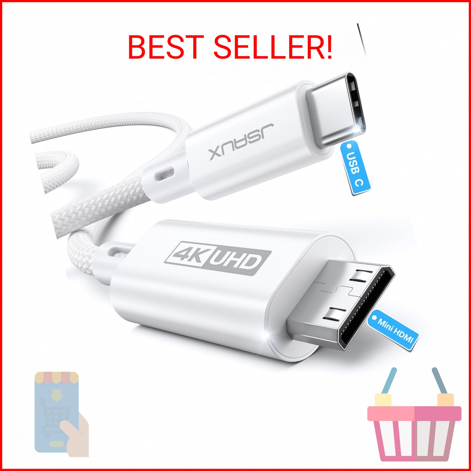 JSAUX USB C to Mini HDMI Cable 3.3FT(NOT HDMI), 4K Type C to Mini HDMI Cord