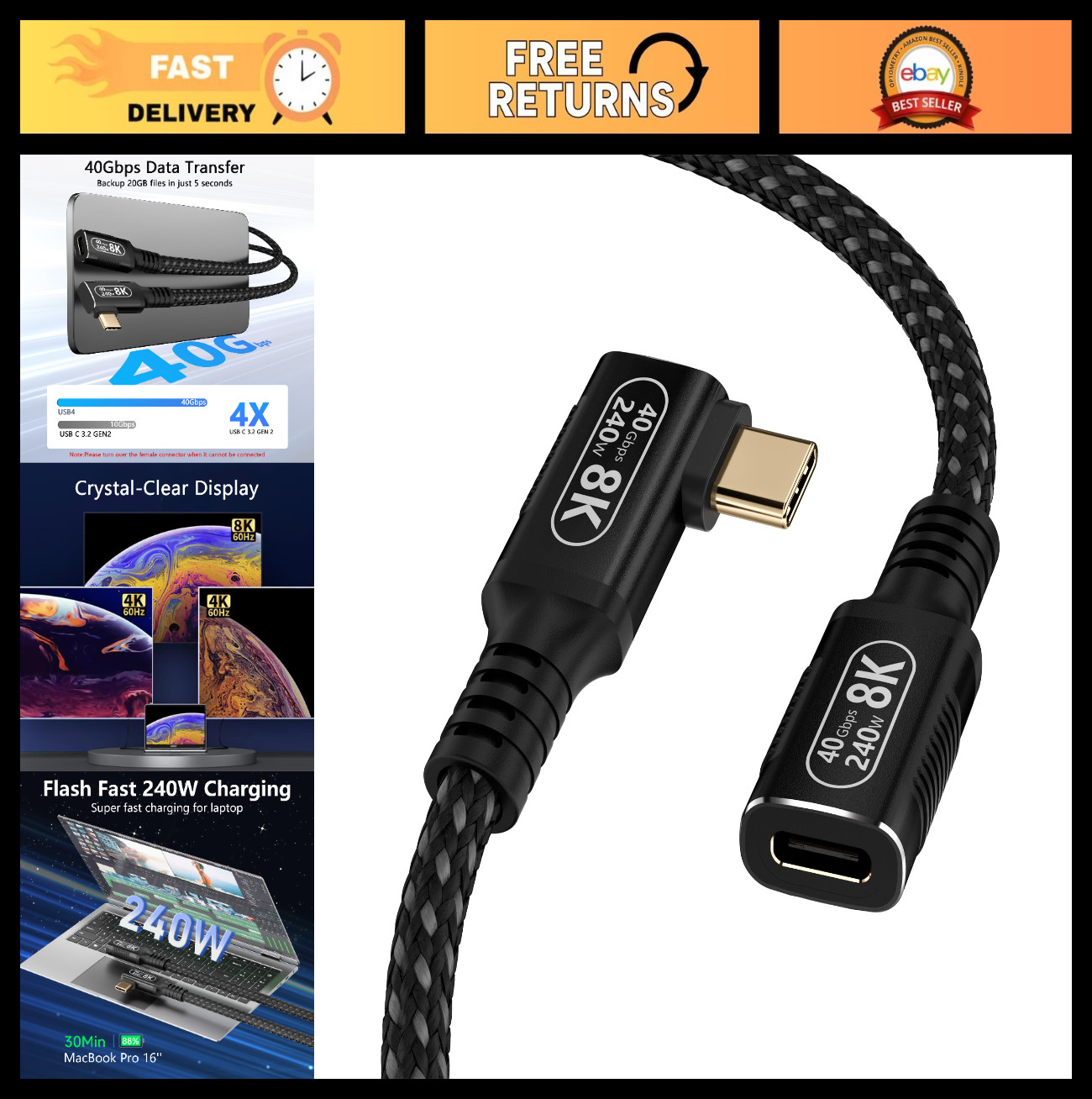 Ultra-Short 1.6FT USB C Extender Cable, 90 Degree Right Angle, 40Gbps, 240W, 8K