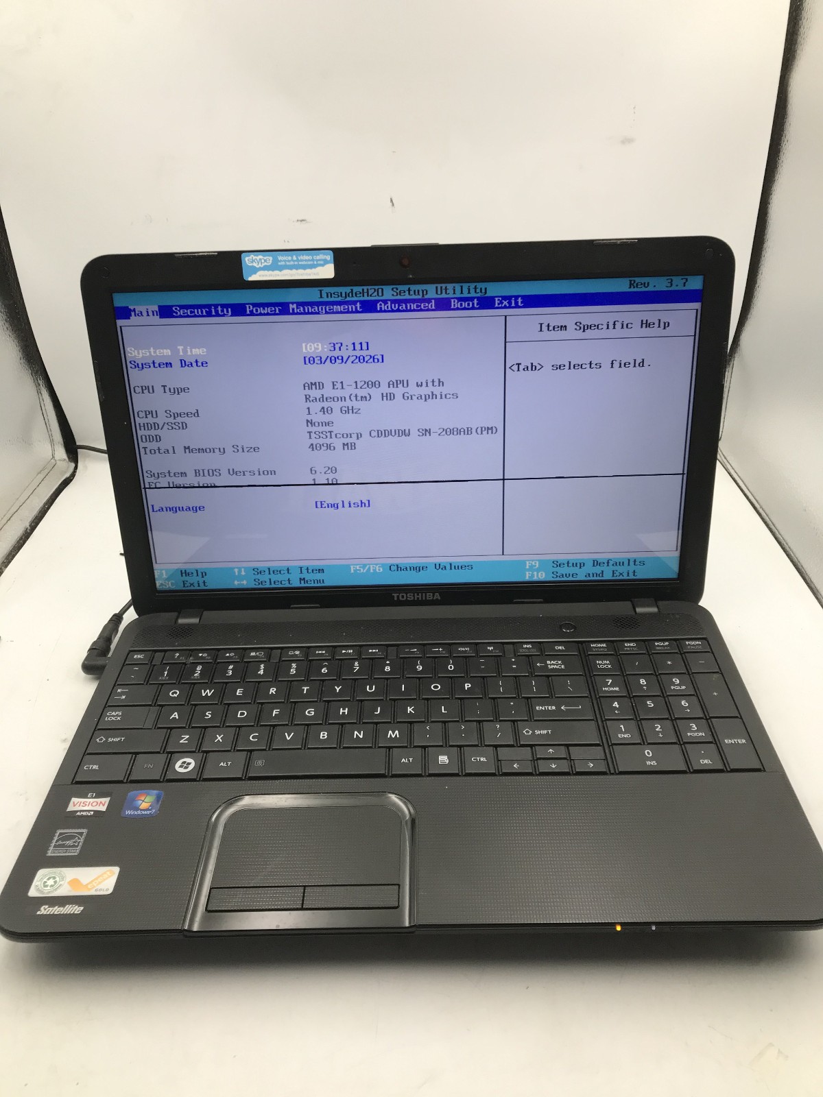 TOSHIBA SATELLITE C855D S5229 - BOOTS TO BIOS - AMD E1 1200 - 4GB RAM - READ -BB