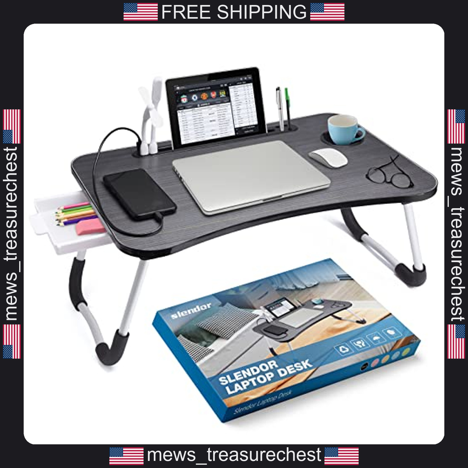 Lap Desk for Laptop and Reading with Storage, Cup Holder, Light
