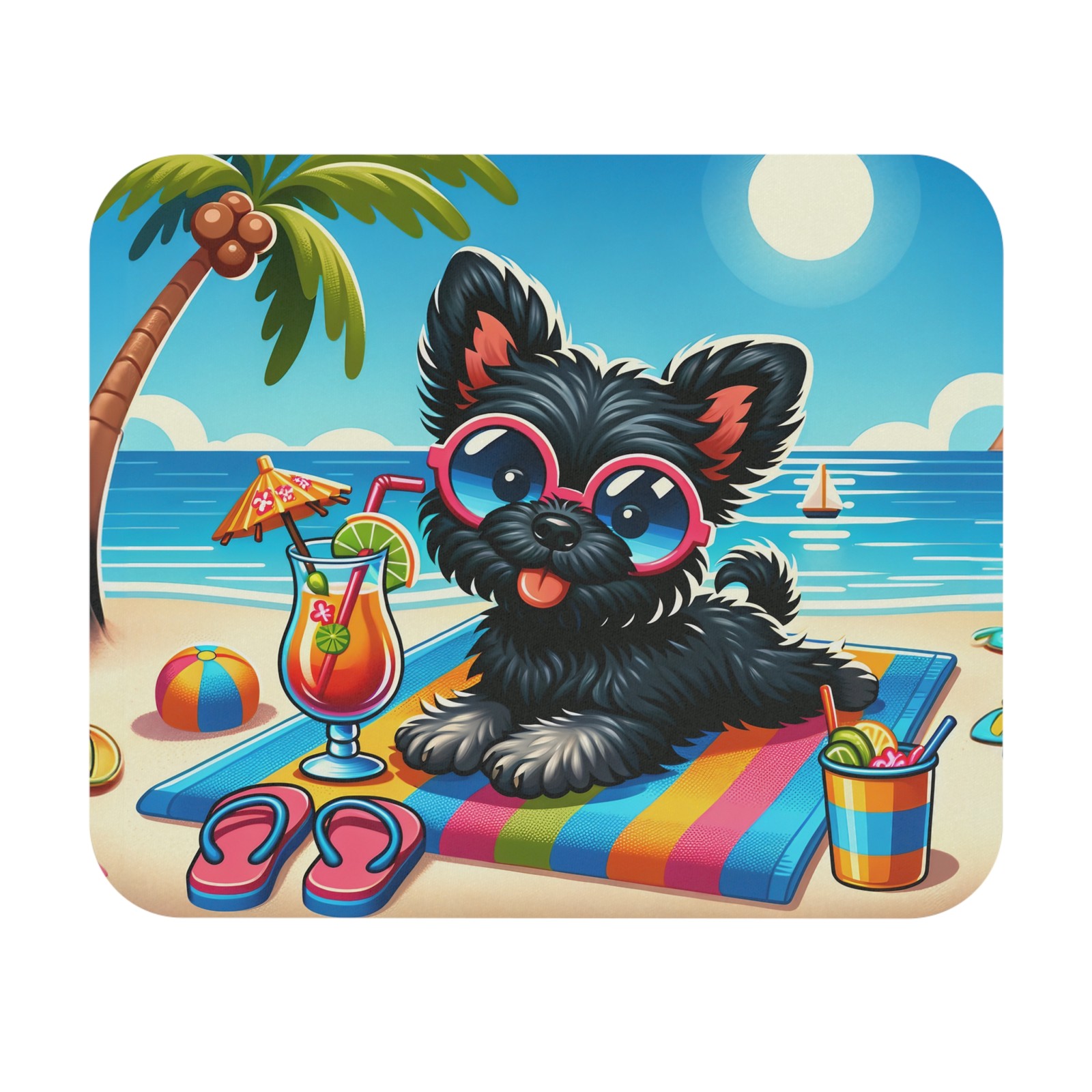 Beach Puppy on Towel Mouse Pad | Cute Black Dog, Summer Tropical Scene