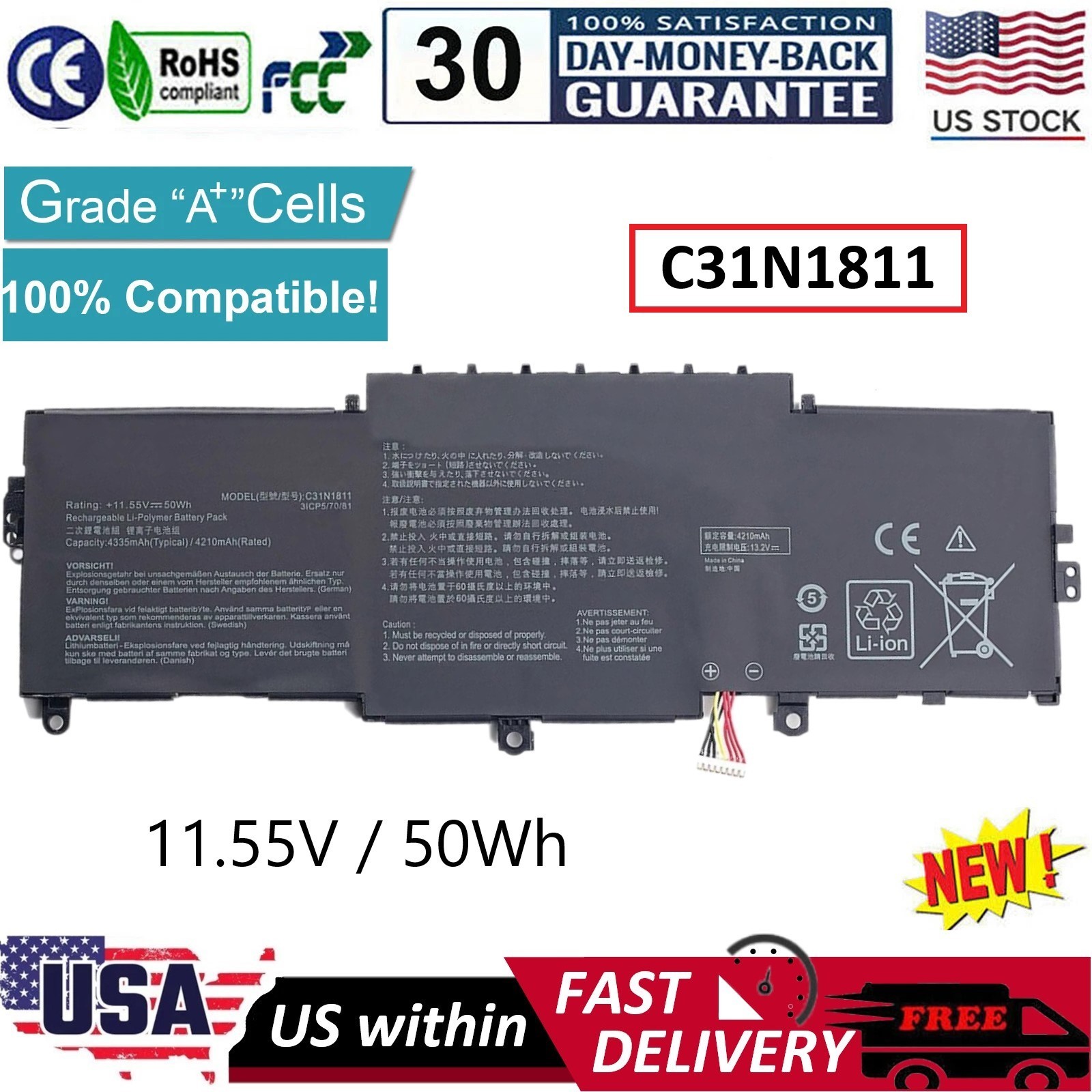 New C31N1811 50Wh Battery For ASUS Zenbook 14 RX433FN UX433FA UX433FA-A6018T US