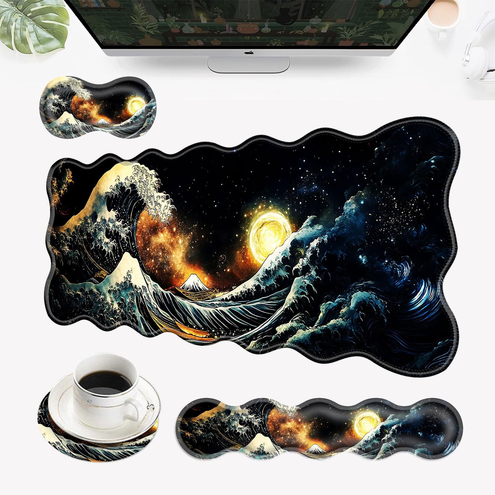 1 PCS 4in1 Large Ergonomic Desk Mat Mouse Pad With Keyboard Wrist Rest Wave
