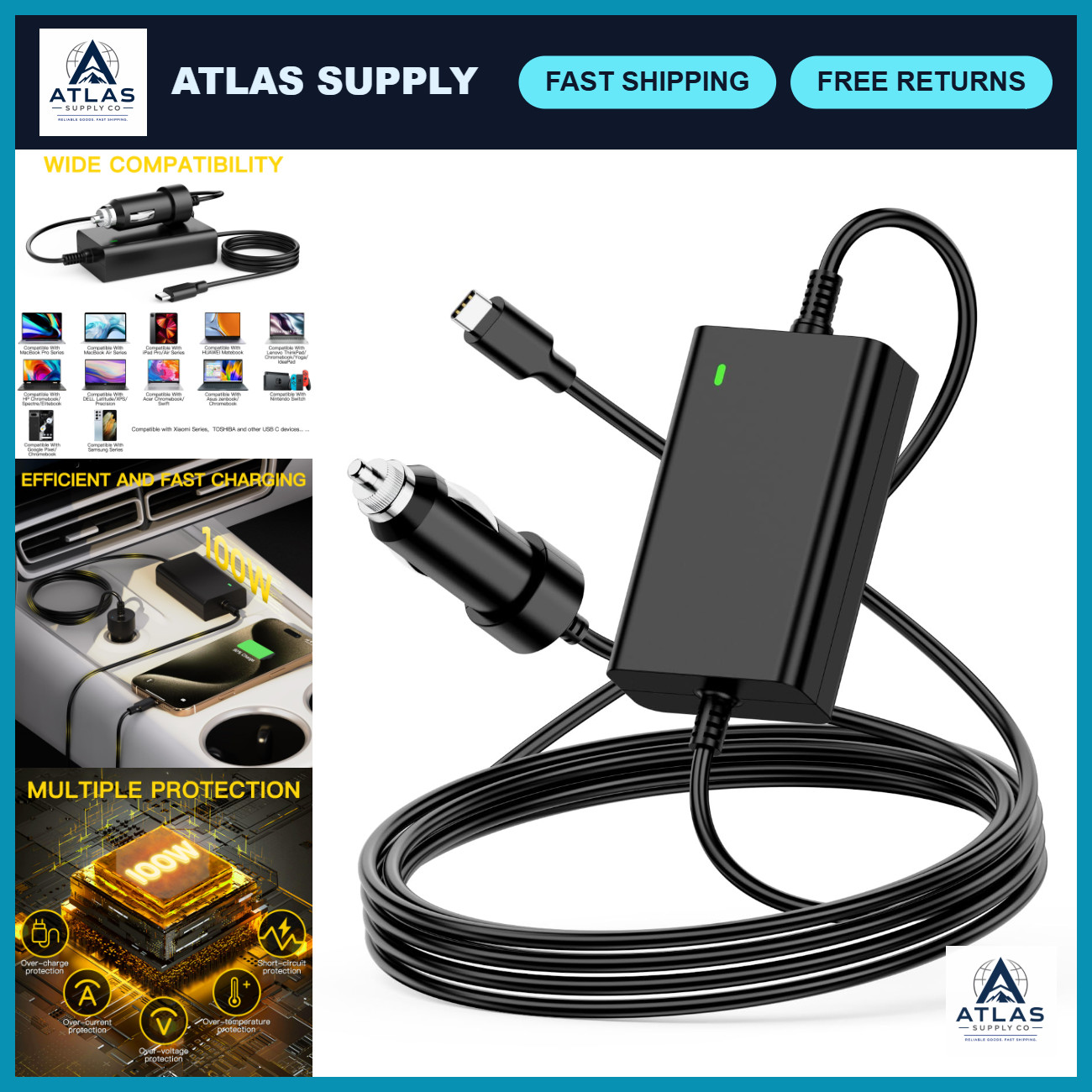 100W USB-C Laptop Car Charger for Dell XPS, Latitude, MacBook Pro - Fast Chargin