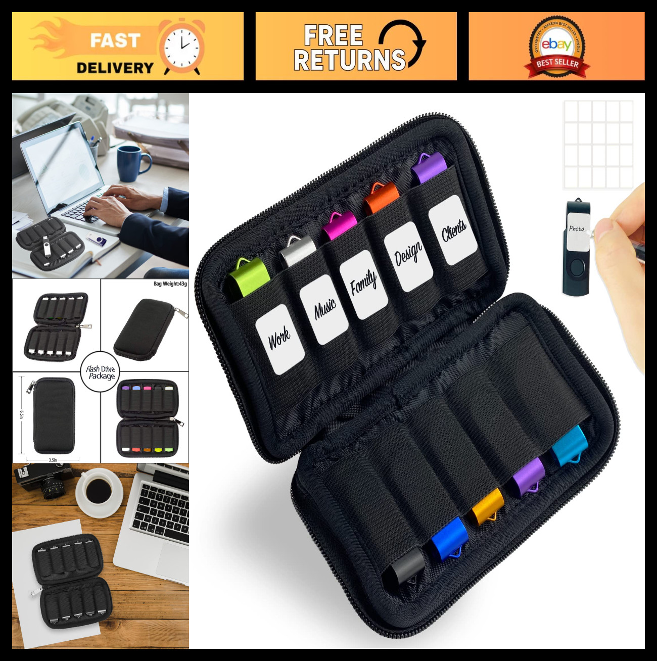 10-Slot Neoprene USB Flash Drive Case with 20 Labels, Anti-Static Organizer Bag,