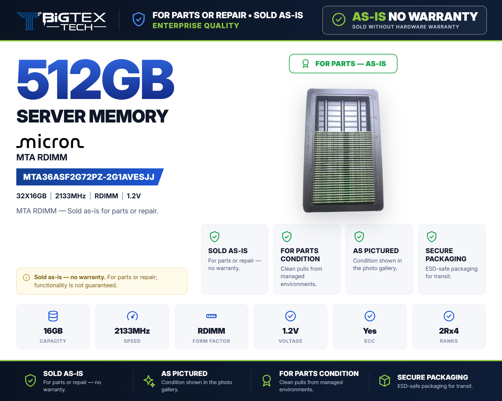 512GB Lot (32x16GB) Micron DDR4 2133MHz ECC RDIMM MTA36ASF2G72PZ-2G1AVESJJ