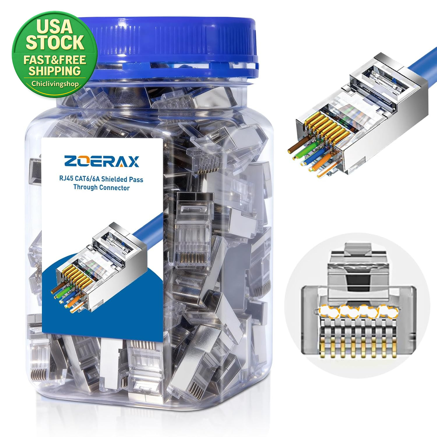 100 Pack Cat 6A RJ45 Pass through Connector Shielded Ethernet Cable End 1.2Mm