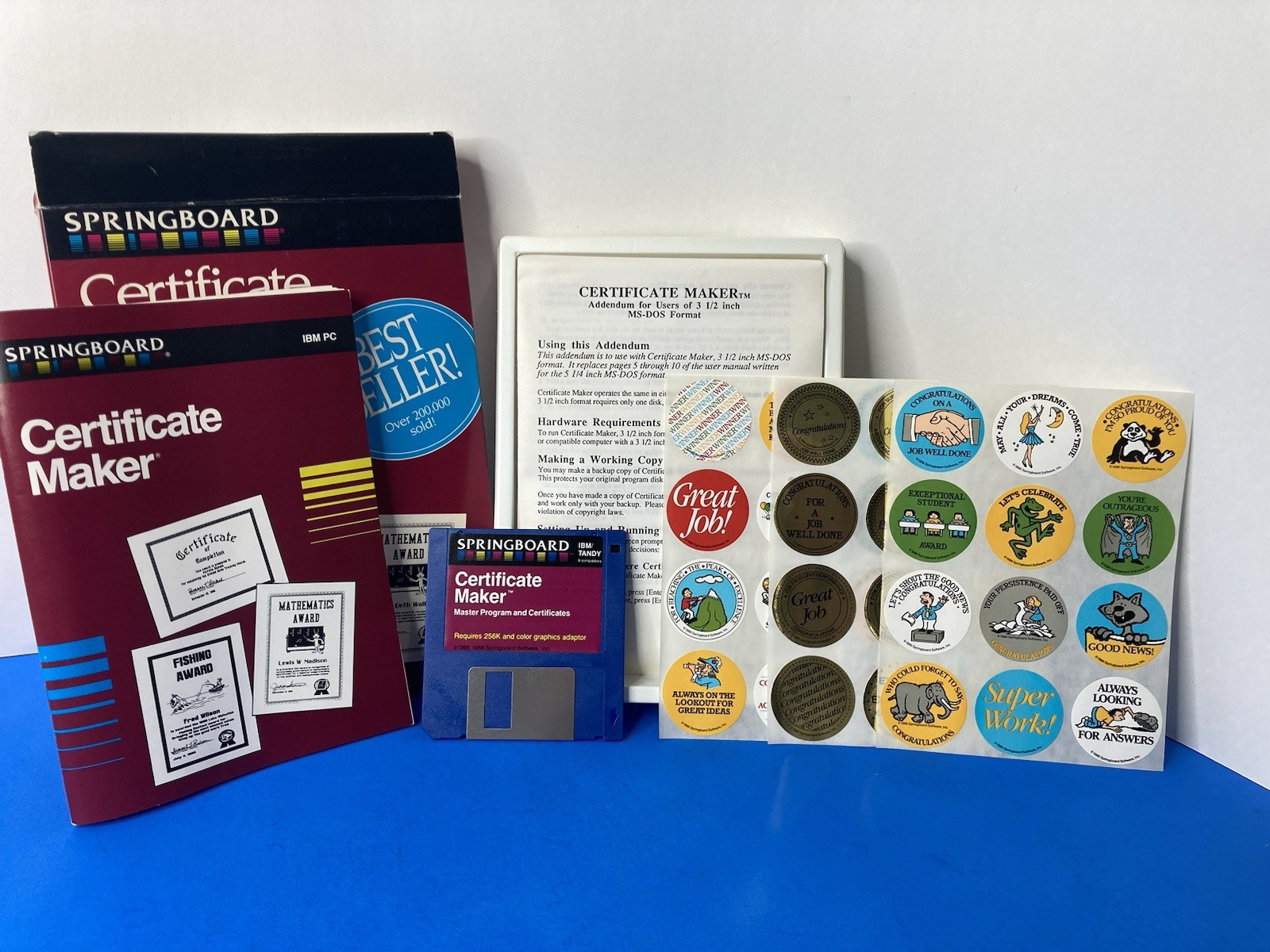 Vtg 1986 Springboard Certificate Maker 3.5" Disk IBM / Tandy Compatible Big Box