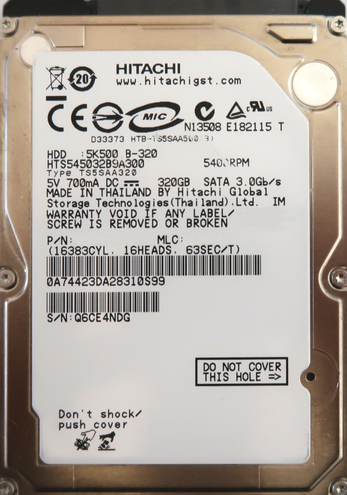 Hitachi HTS545032B9A300 5K500 B-320 3Gbs 5400rpm 2.5" 320gb Sata hard drive