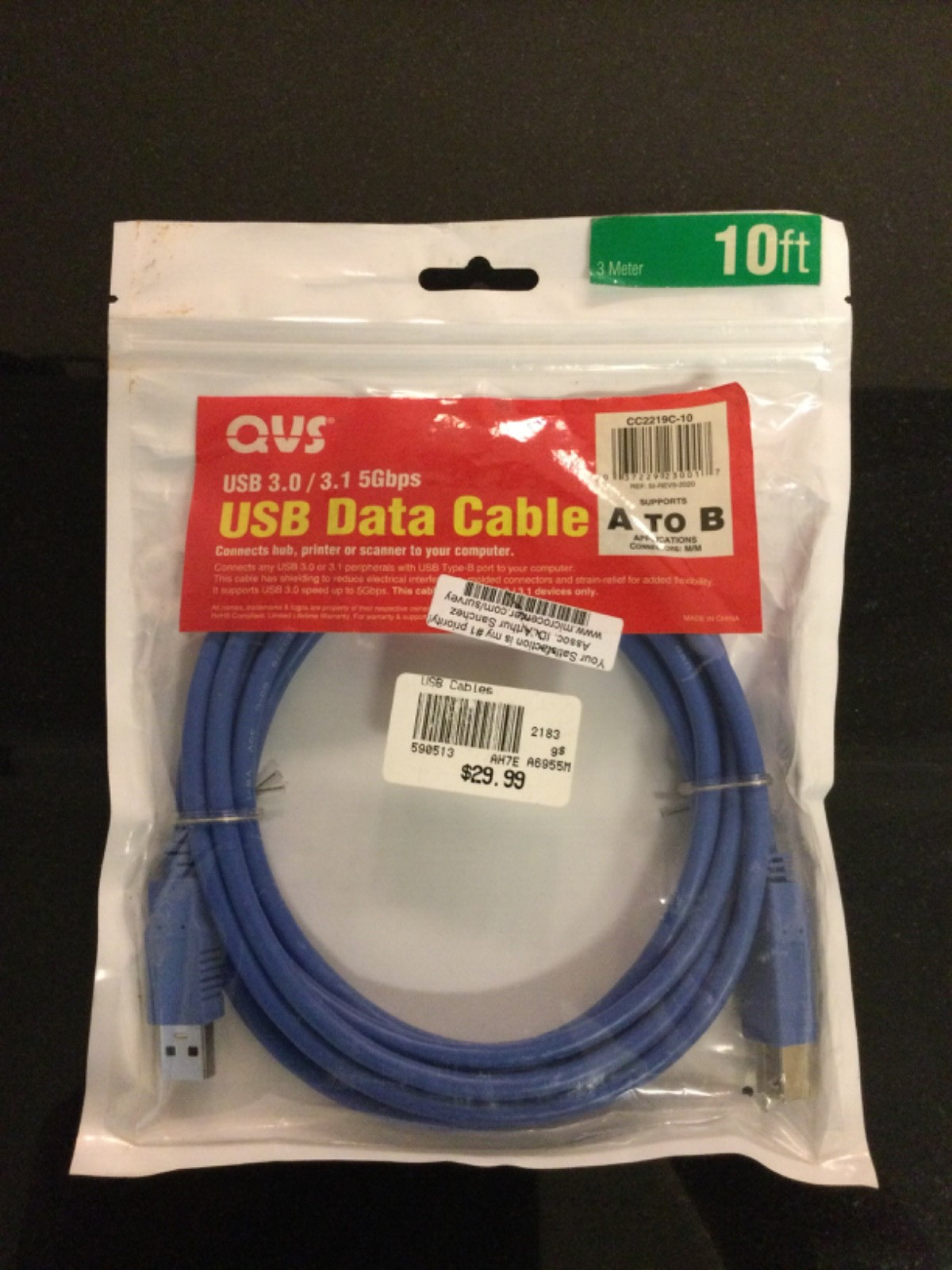 QVS USB 3.0/3.1   5Gbps data cable 10 feet/ 3 meter A to B application Brand new