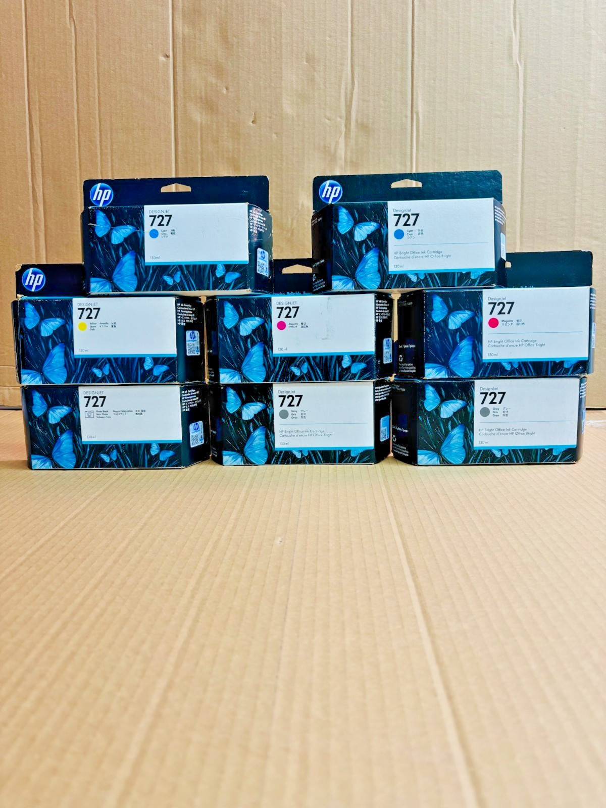 8 OEM HP 727 DJ T900, T1500 Cy,Mag,Yel,Gray,Photo Black Ink Cart. exp 2020-2023