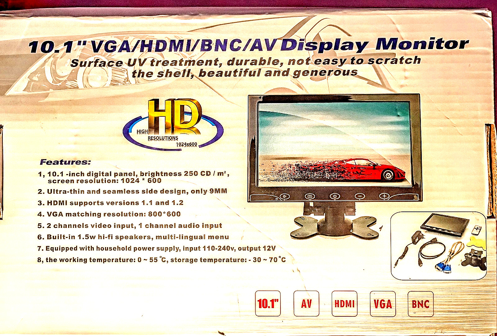 10.1 VGA/HDMI/BNC/AV Display Monitor  2 Channel Video Input  w/Speakers & Remote