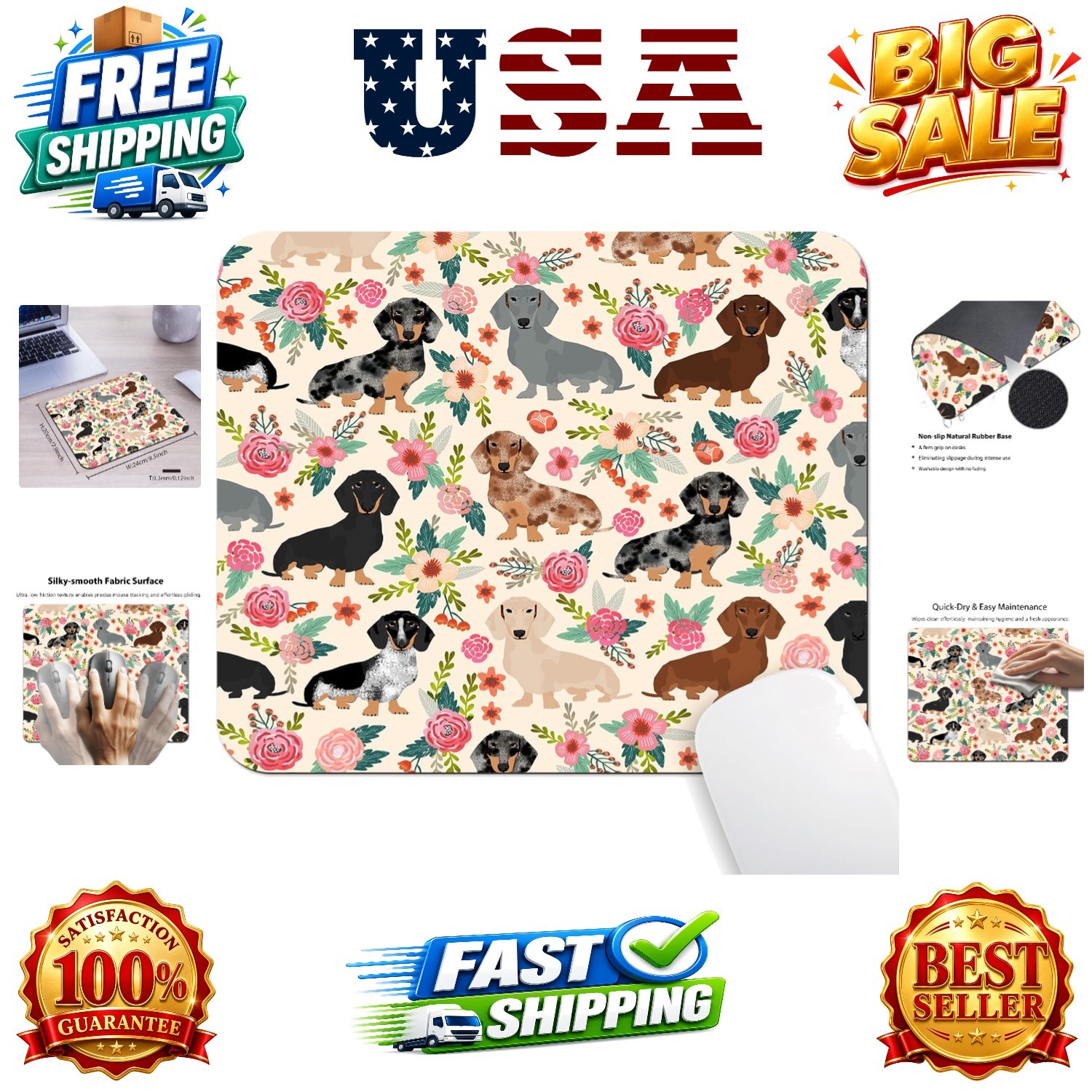 Dachshund Floral Seamless Design Mouse Pad, Sausage Dog Wiener Desk Mat | Pin...