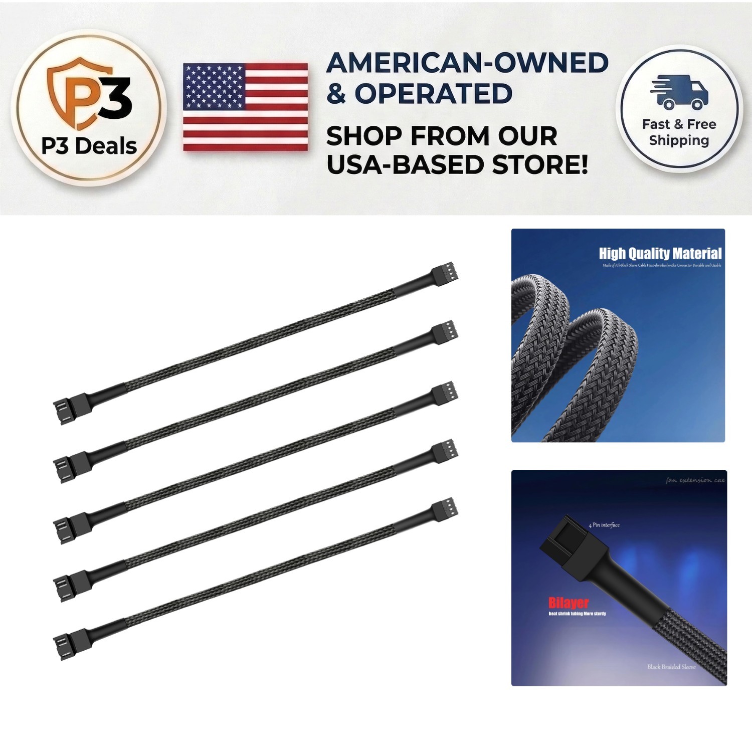 Optimize Your PC Setup with 12’’ Braided PWM Fan Extension Cables - 5 Count