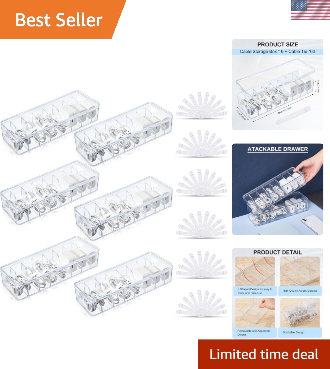 Waterproof Cord Storage Box with Detachable Dividers – 6 pcs for Home and Office