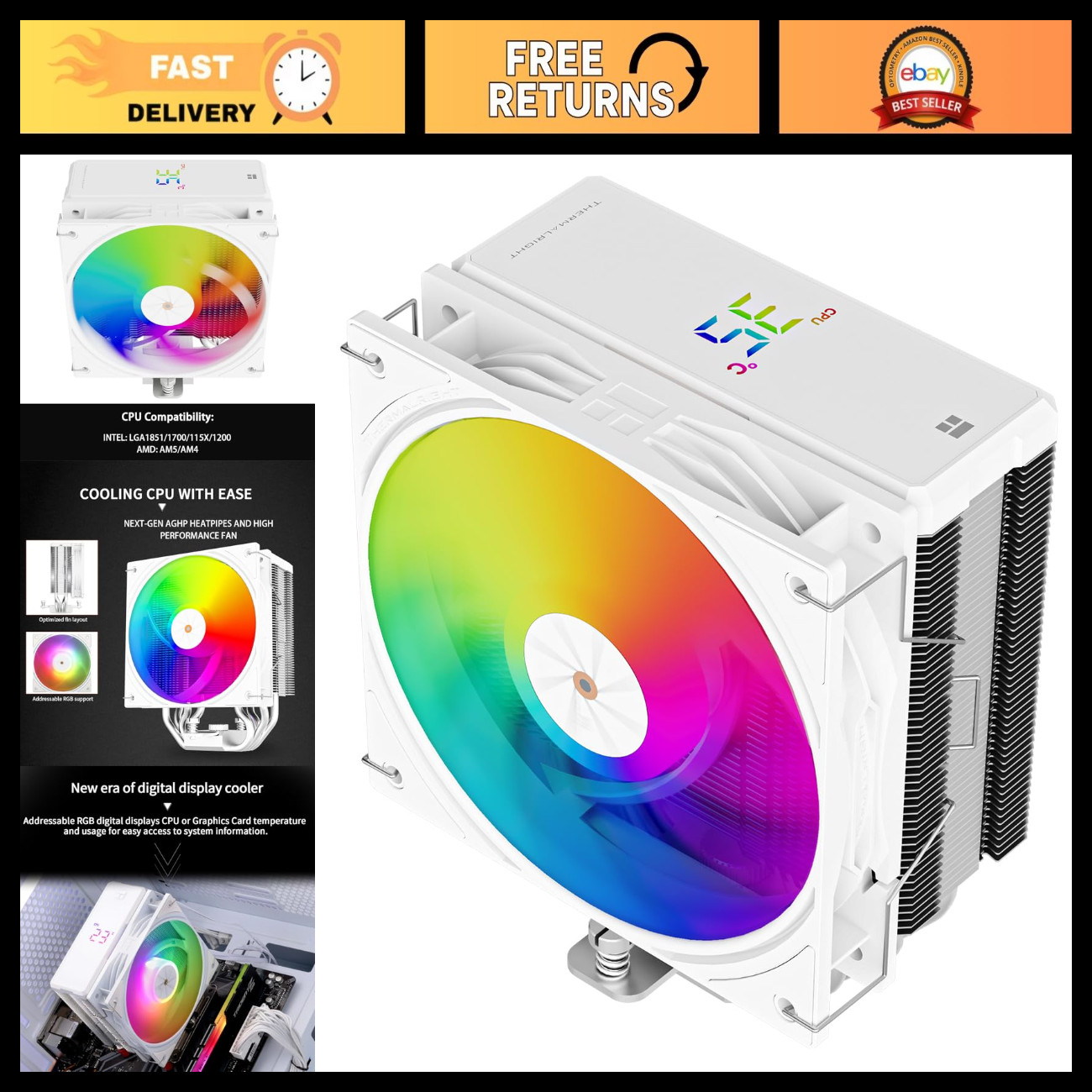 High-Performance CPU Air Cooler, 2000RPM, 12cm PWM Fan, ARGB, AM4/AM5, LGA1700/1