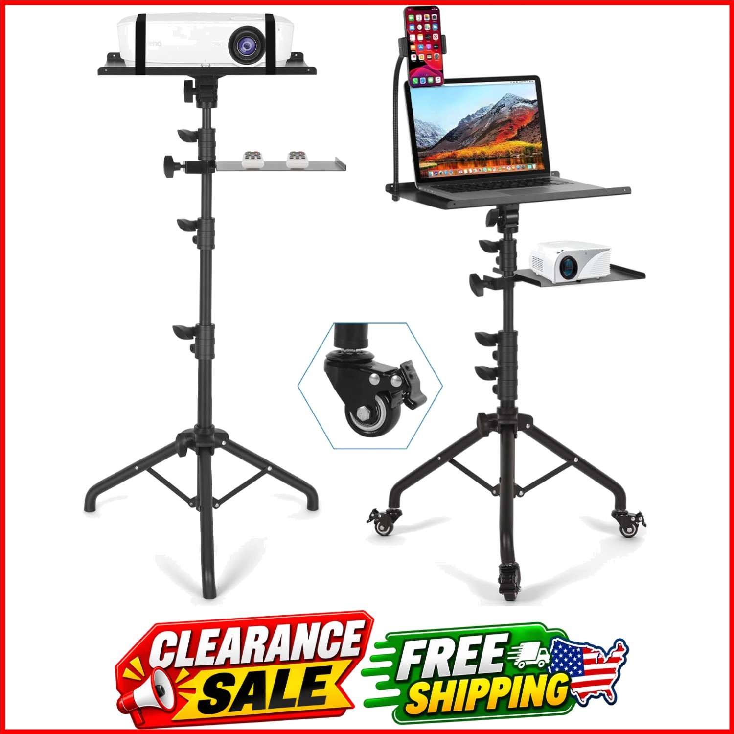 Laptop Tripod on Wheels with 2 Shelves
