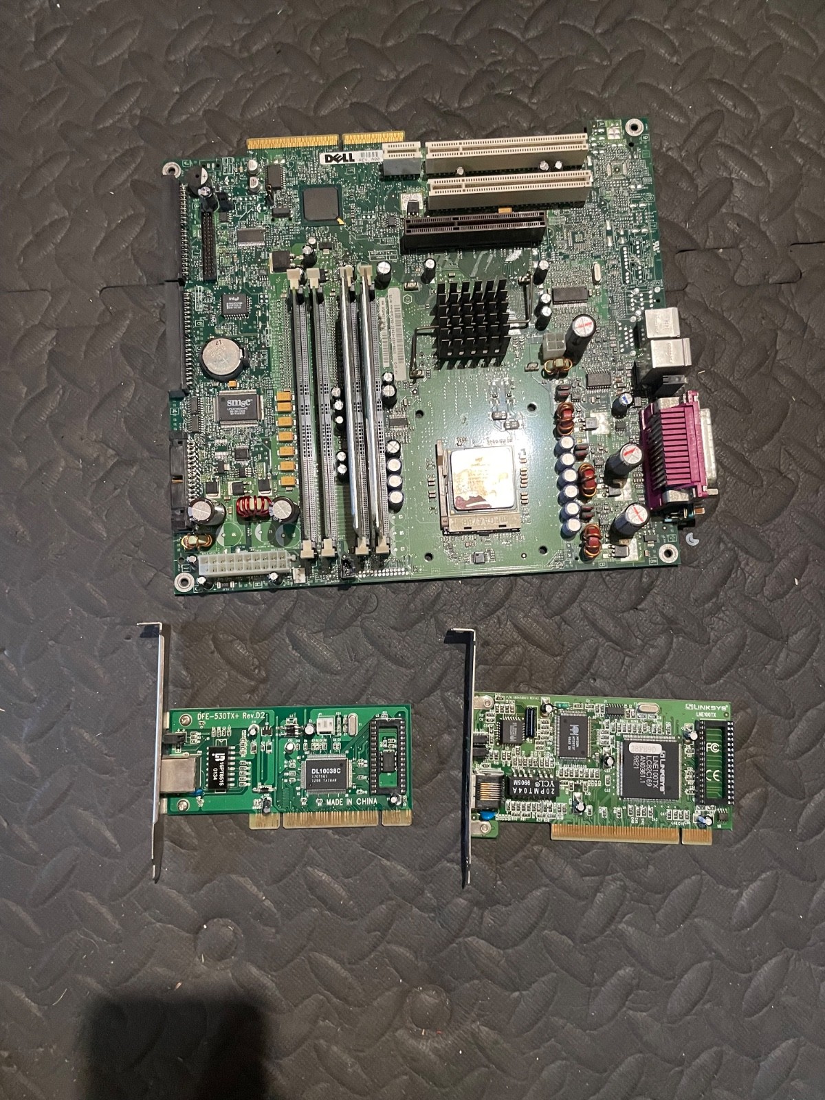 Vintage Dell Motherboard Socket 370 CPU SDRAM Lot with D-Link & Linksys PCI NIC