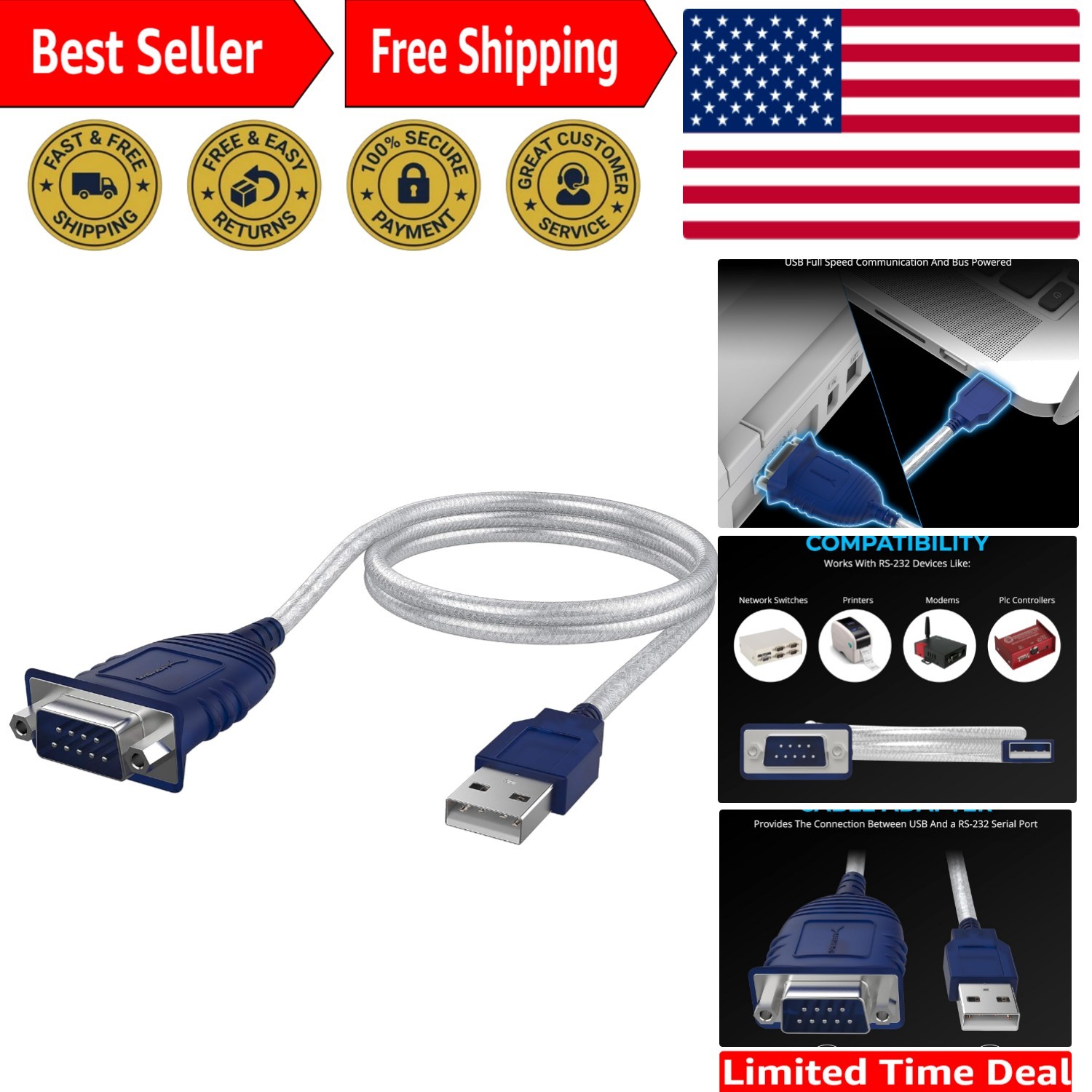 Versatile USB 2.0 to DB9 Male Cable, Ideal for Modems &  Instruments