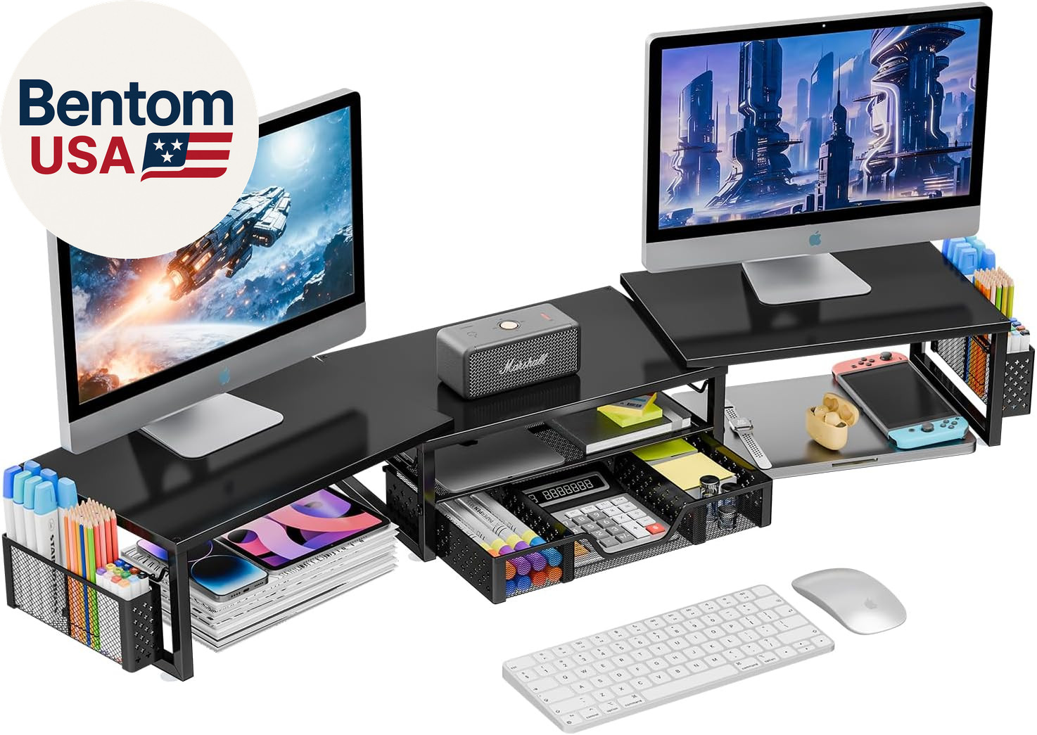 Desk Organizers and Accessories, Dual Monitor Stand Riser with Drawer and 2 Pen