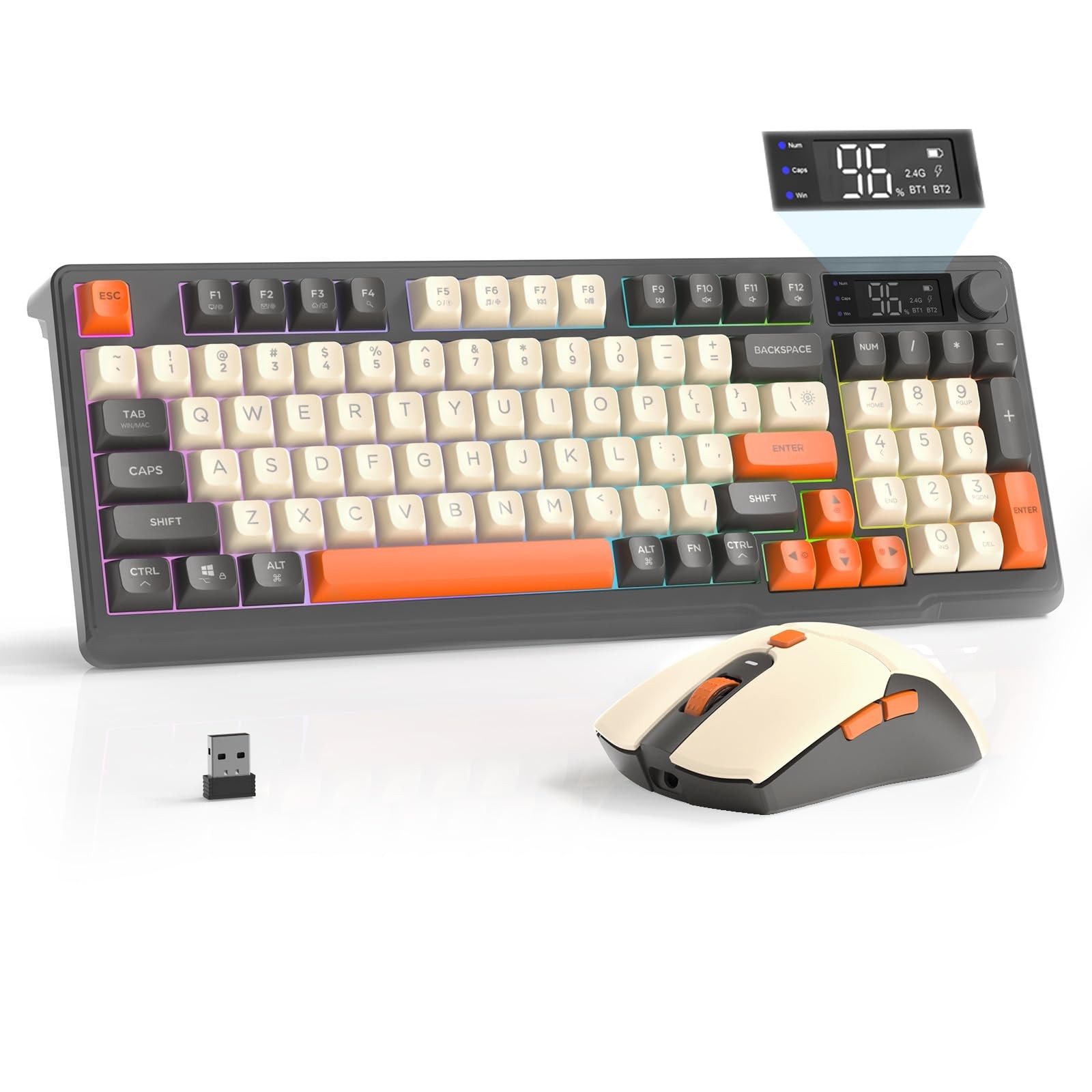 FREEWOLF T96 Smart Display Wireless Gaming Keyboard and Mouse Comb, 94Key LED...