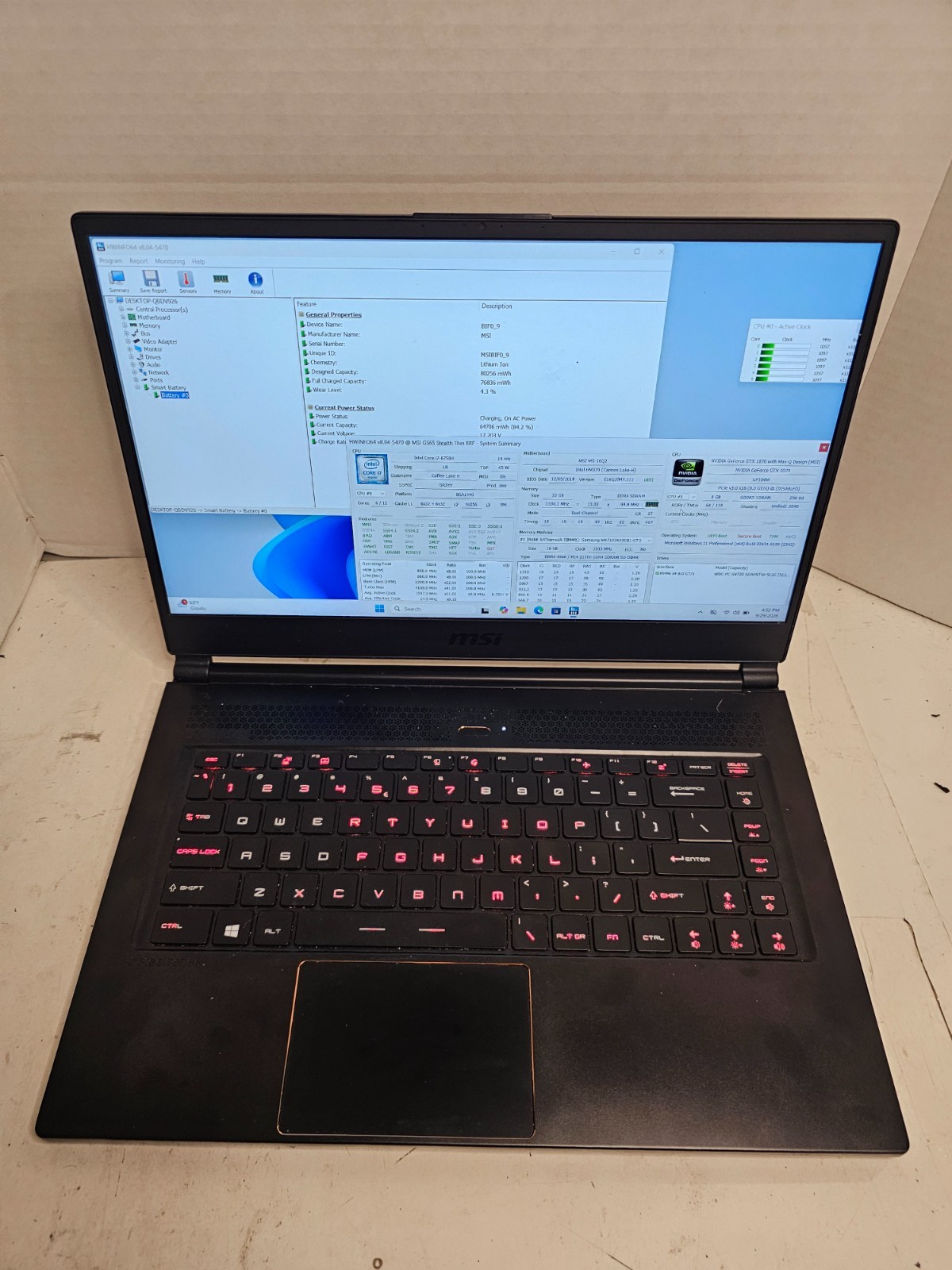 MSI GS65 Stealth Thin 8RF 15.6" i7-8750H 32GB RAM 512GB SSD Win 11 GTX 1070 #04