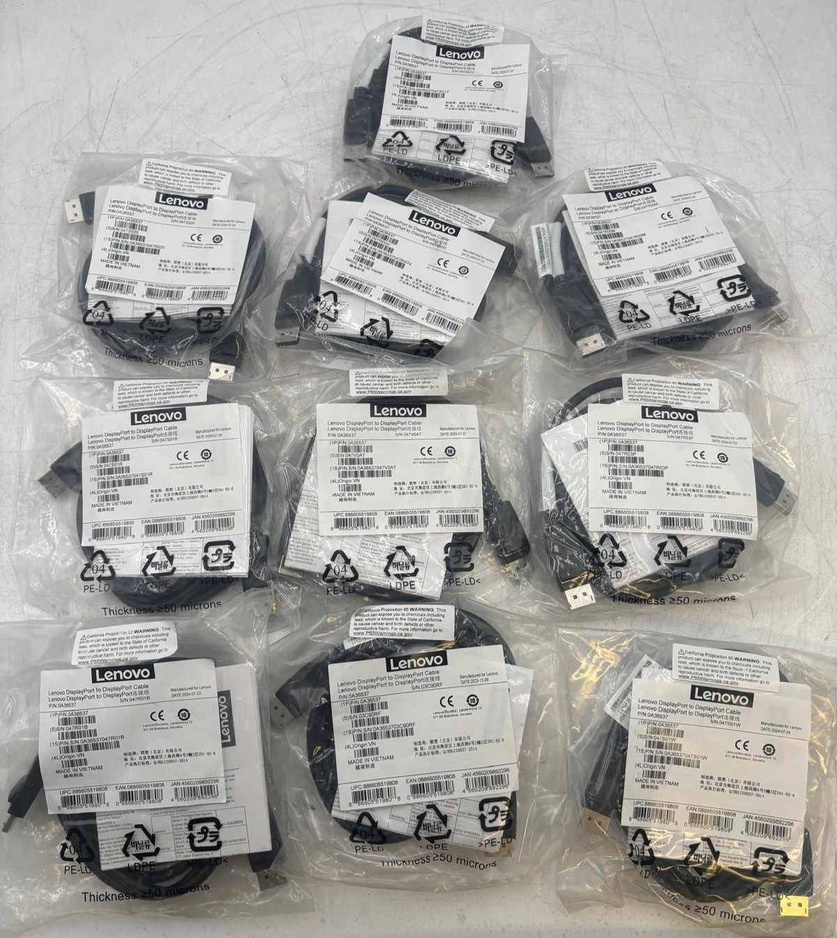 Lot of 10 Lenovo DisplayPort to DisplayPort Cable 0A36537