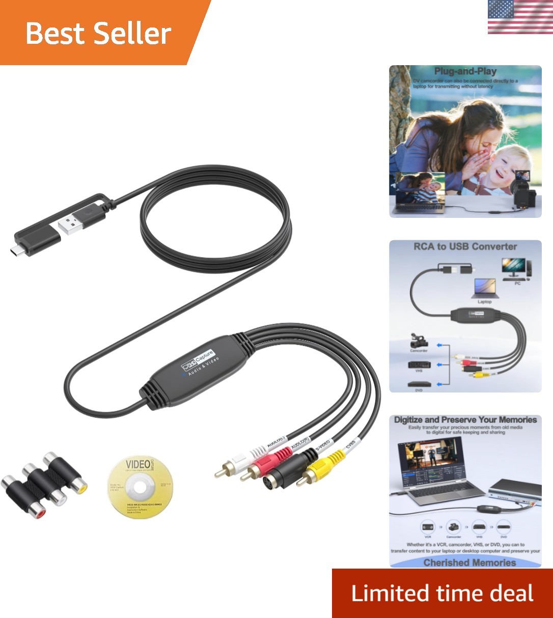 VHS to Digital Converter, RCA to USB Converter for VCR, Hi8, Mini DV, 1080P |...
