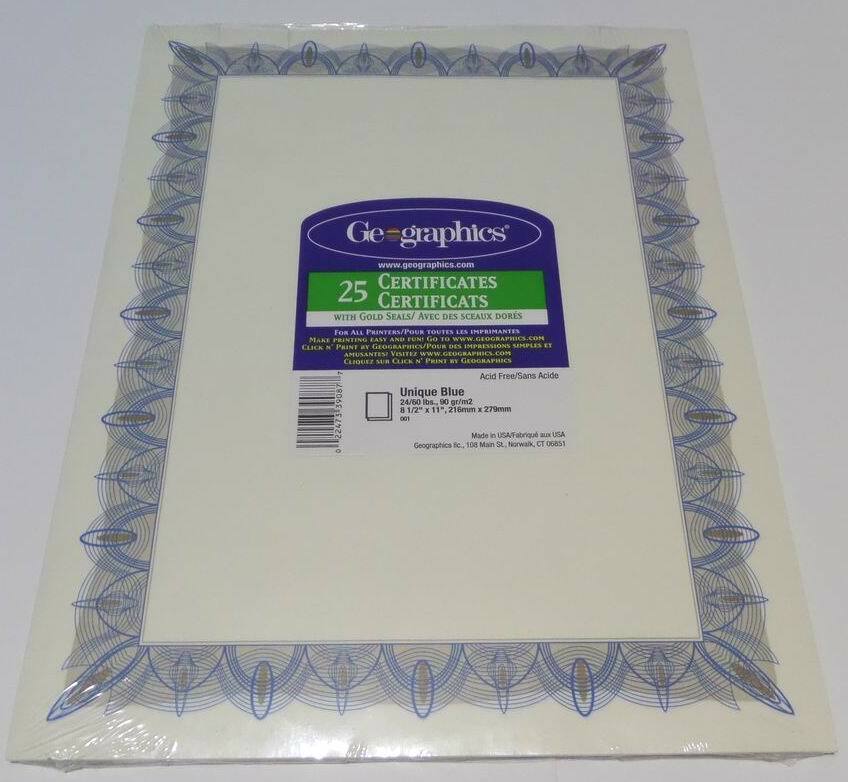 Pack of 25 Geographics Unique Blue Certificates with Gold Seals 8-1/2" x 11"