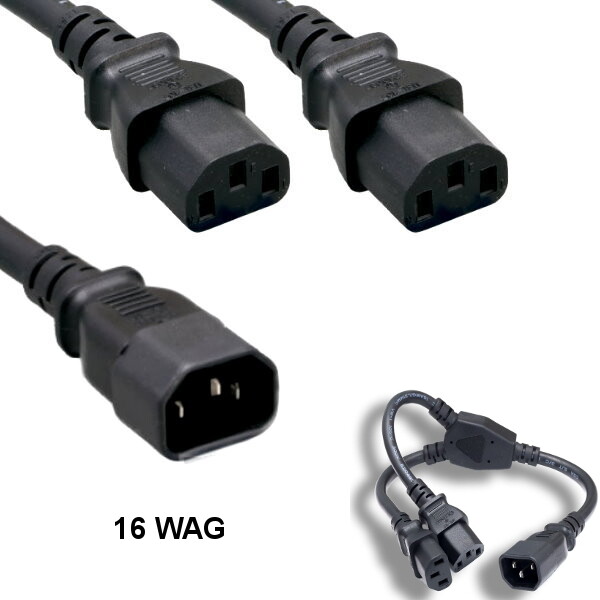 Kentek 1' ft 16 AWG Power Splitter Cord IEC-60320 C14 to 2x C13 13A/250V SJT Blk