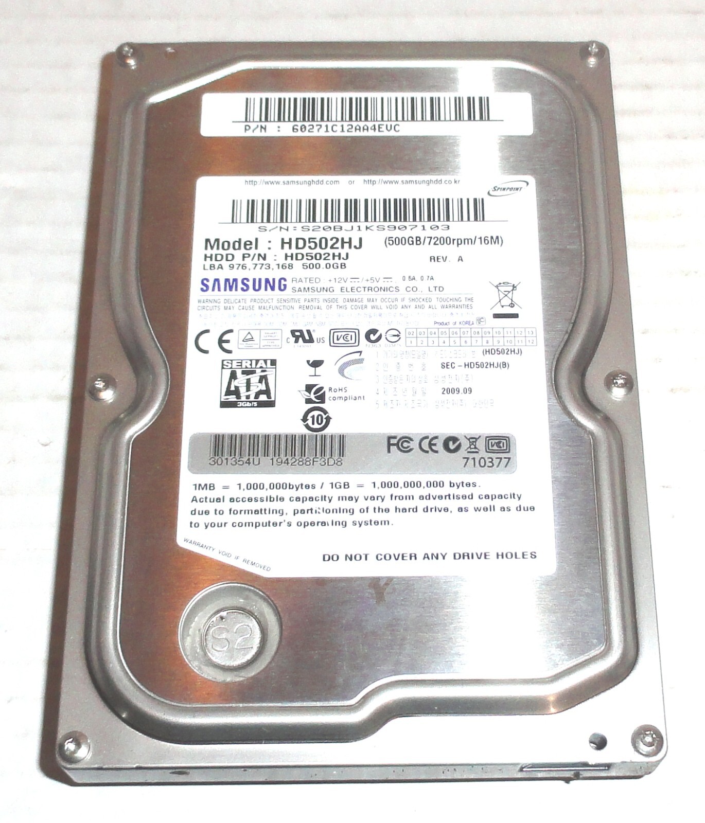Samsung HD502HJ 500GB Hard Drive Without PCB BOARD FOR PARTS ONLY READ