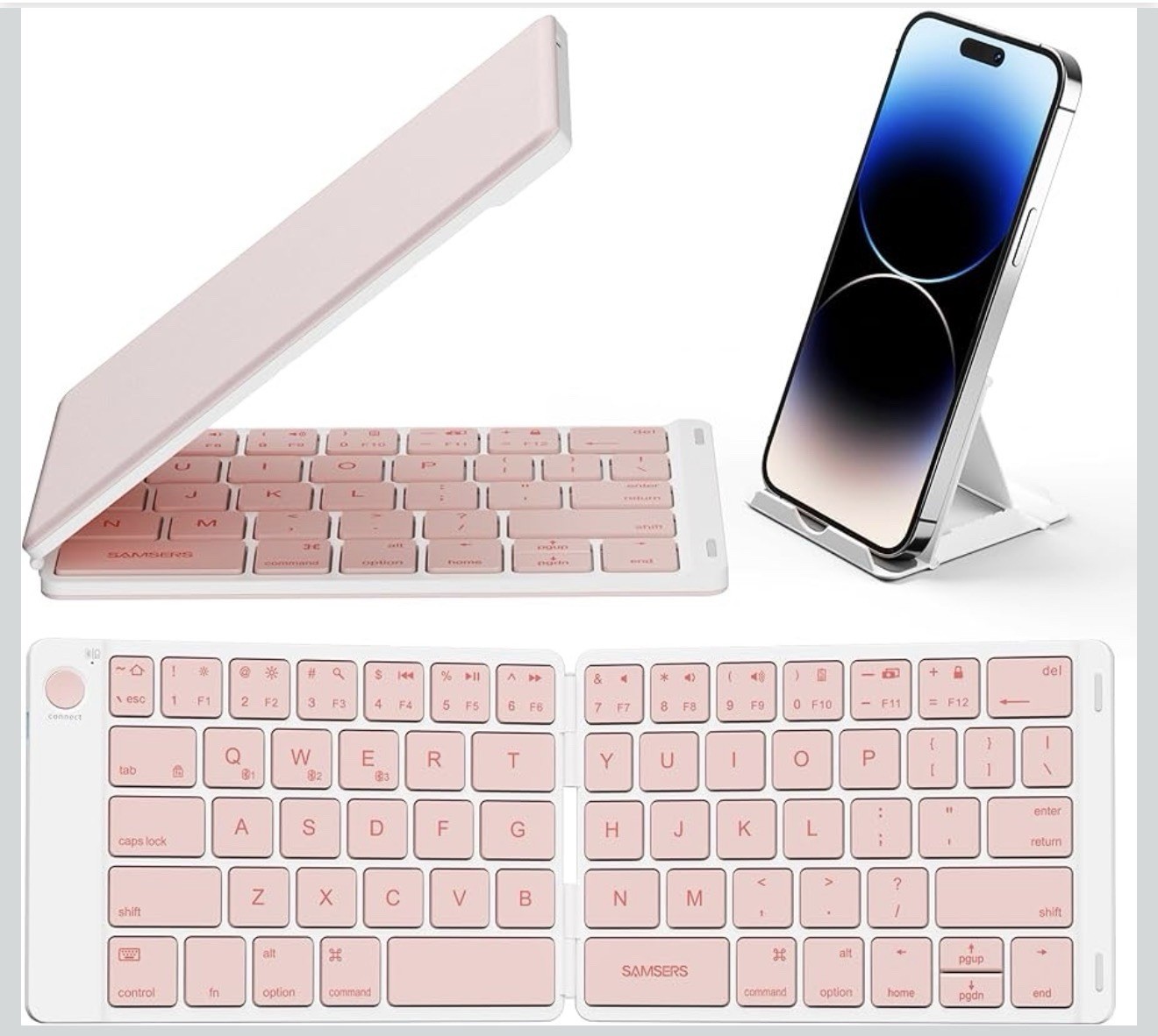 SamsersFoldable Bluetooth Keyboard Full Size Slim Rechargeable Multi-Device Pink