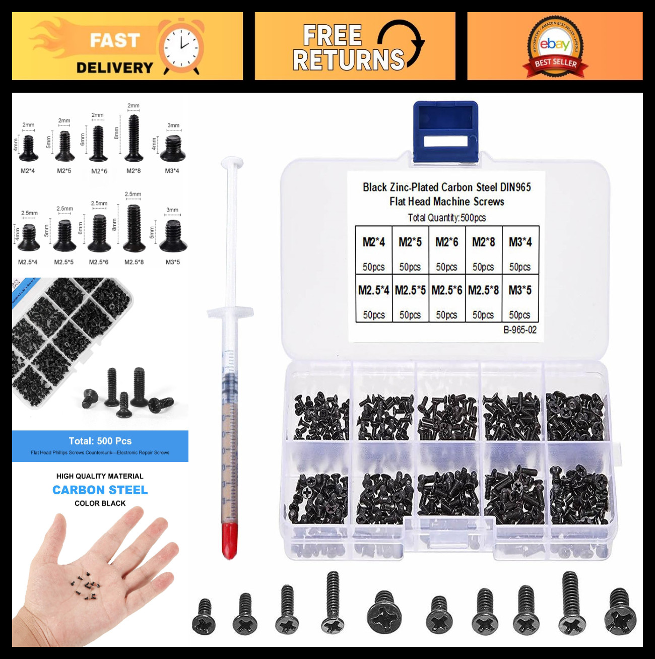 500PCS Laptop Repair Screw Kit - M2 M2.5 M3 Flat Head Screws & Gold Thermal Grea