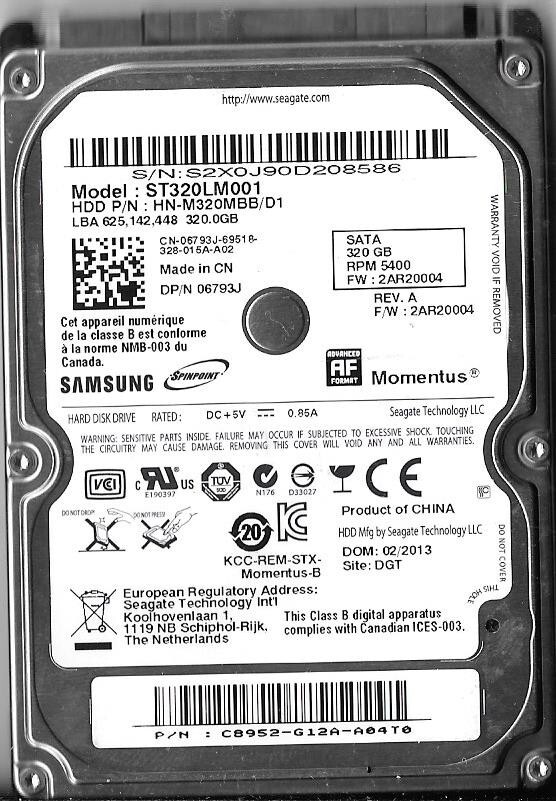 Samsung ST320LM001 320GB Sata Hard Drive P/N: HN-M320MBB/D1  F/W: 2AR20004