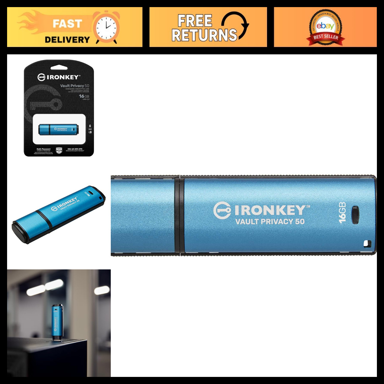 Encrypted USB Drive 16GB - Kingston IronKey Vault Privacy 50, Secure Storage