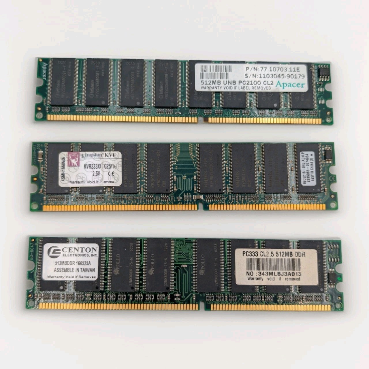 DDR RAM Lot of 3 512MB-1GB Apacer Kingston Centon PC2100 PC2700