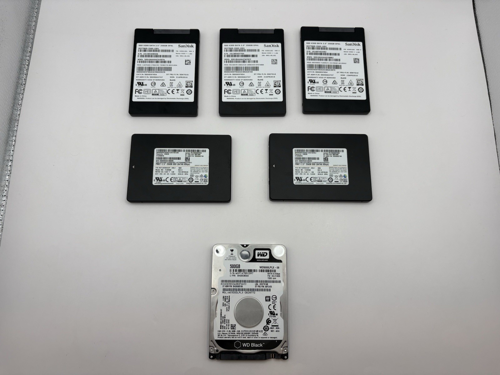 Lot of 6 Internal 2.5” Inch Drives SATA SSD HDD Mixed Brands TESTED 256GB 500GB