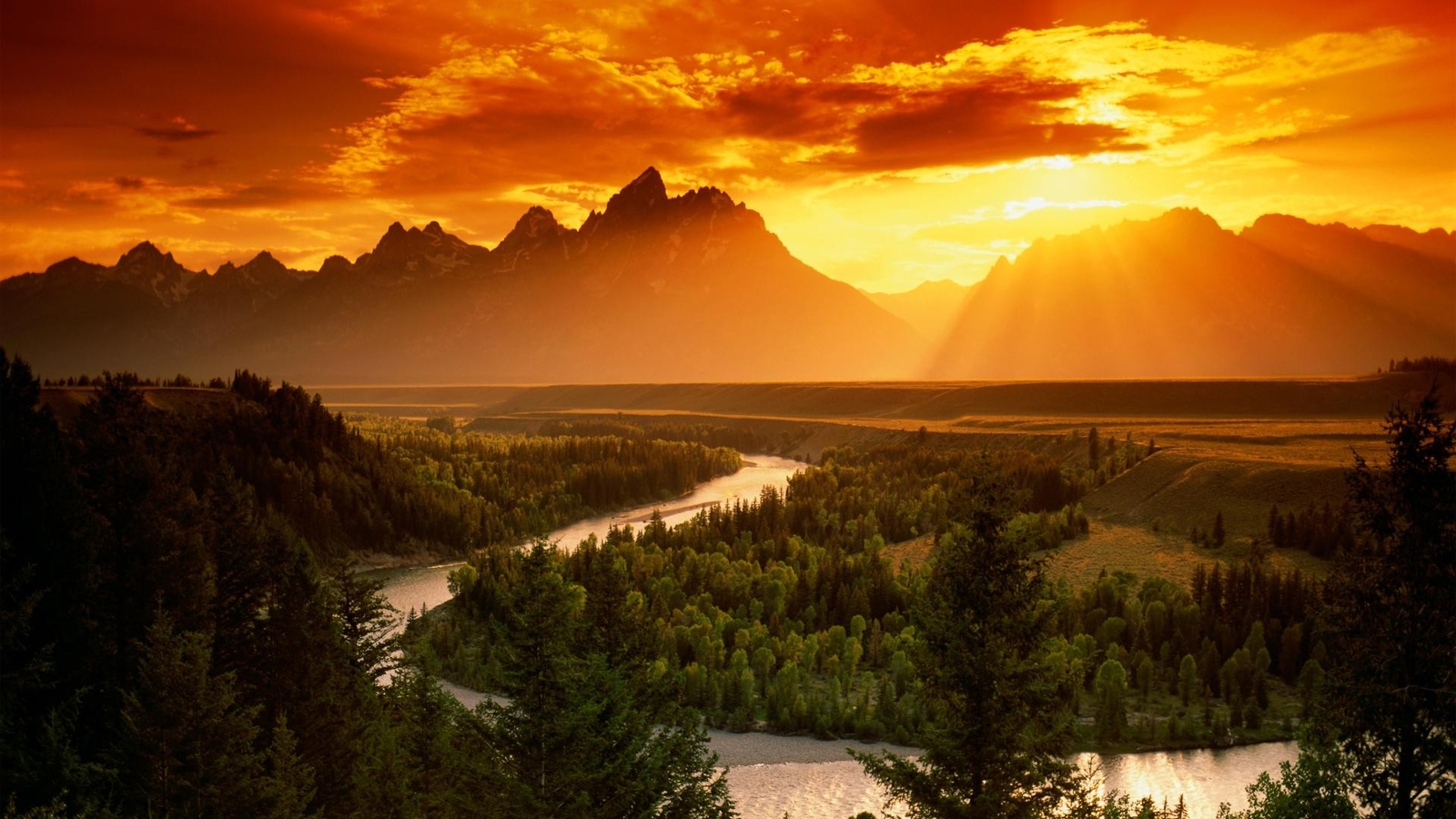 Landscape nature orange sunset sun rays river pine trees Custom Gaming Mat Desk