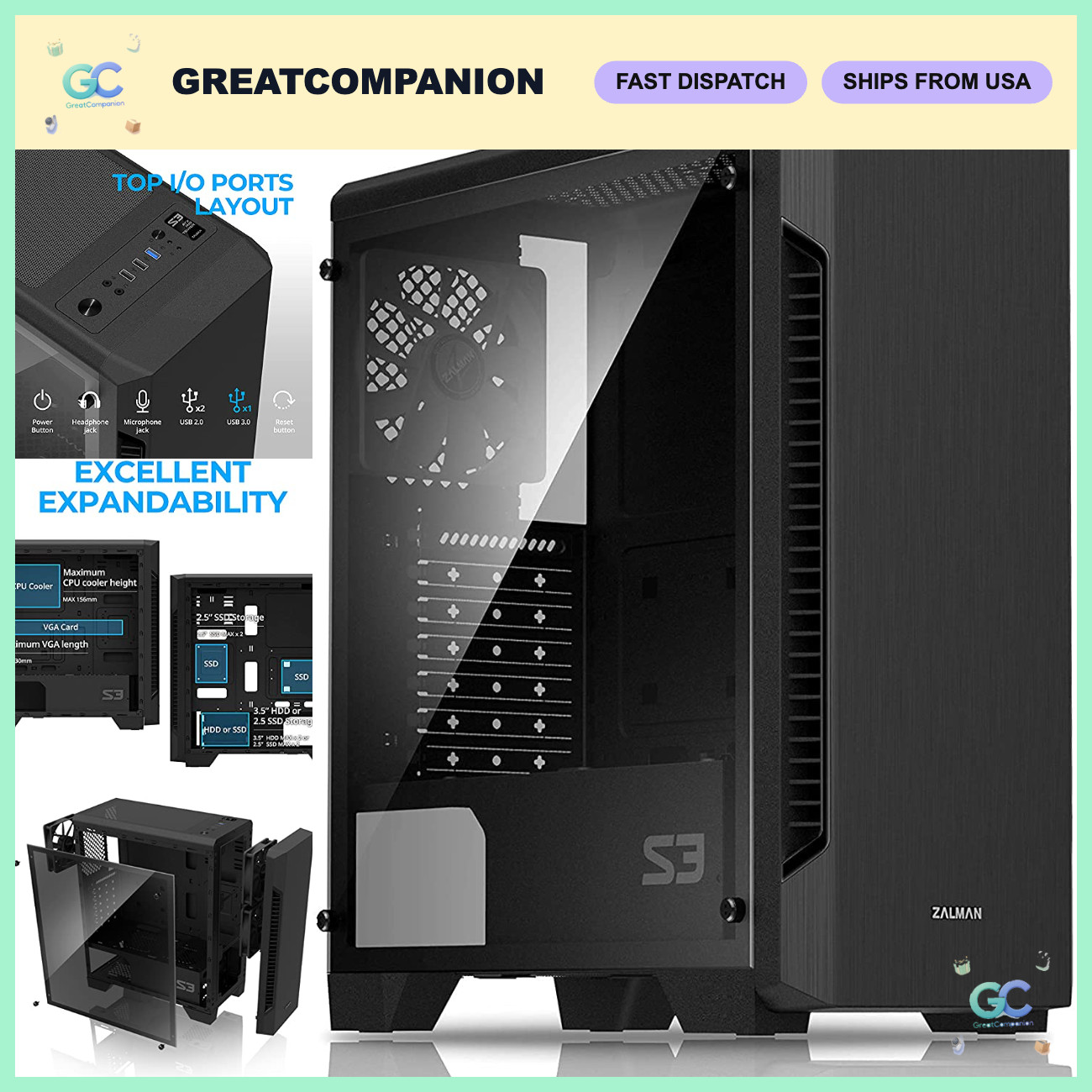 Mid-Tower ATX PC Case with Tempered Glass, 3 Quiet Fans, GPU Support 330mm, USB