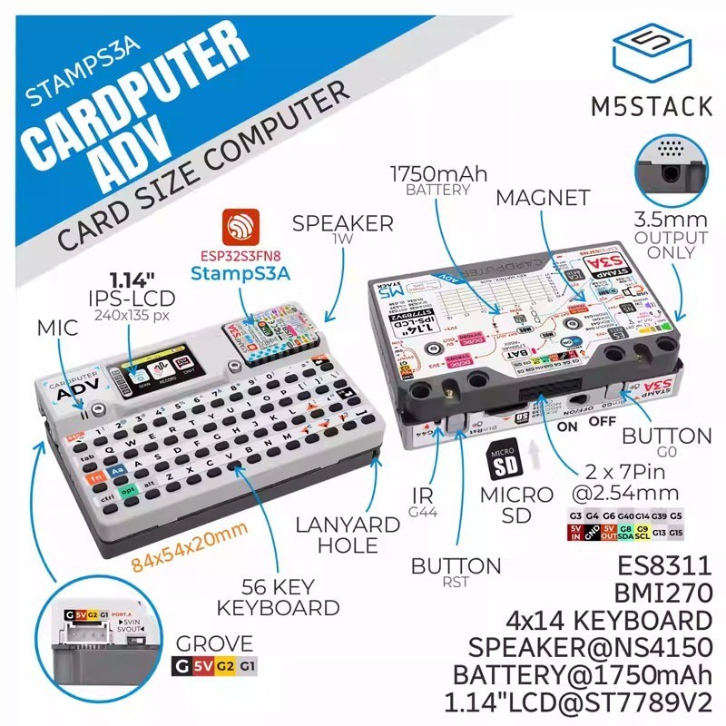 M5Stack Cardputer Adv  Micro-controller 56 Buttons Programmable Keyboard Card