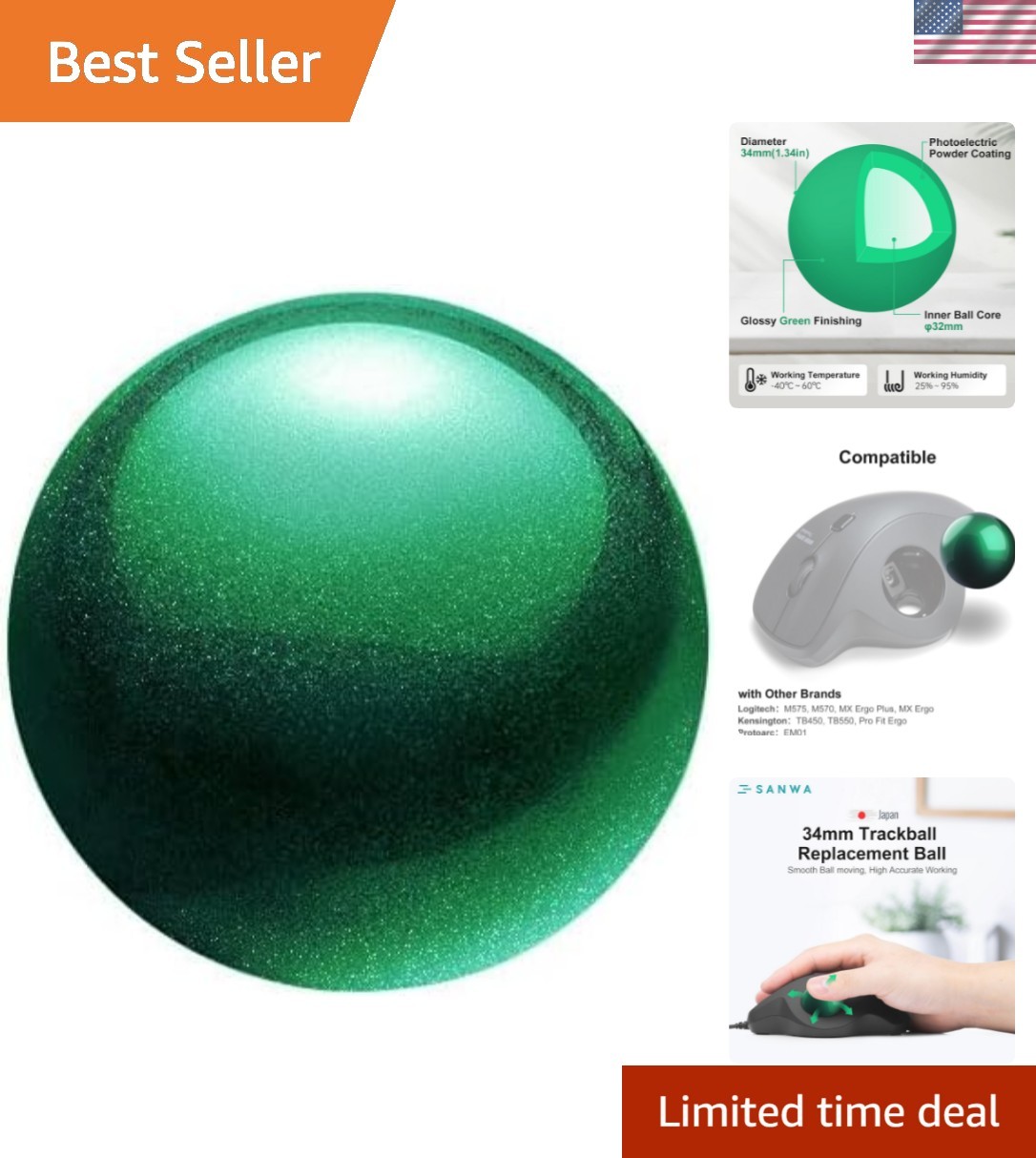 Replacement Trackball 34mm for Logitech MX Ergo & Kensington - Glossy Green