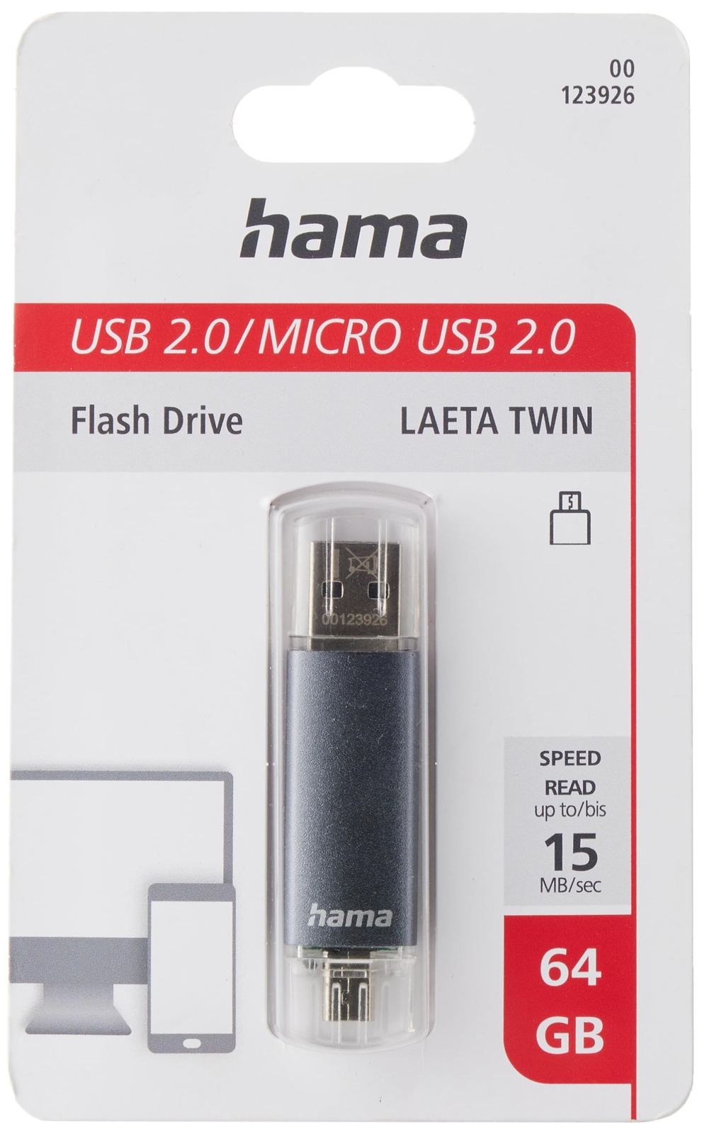 Hama 64GB USB stick, USB 2.0 and micro USB (2-in-1 USB stick, e.g. Android mobil