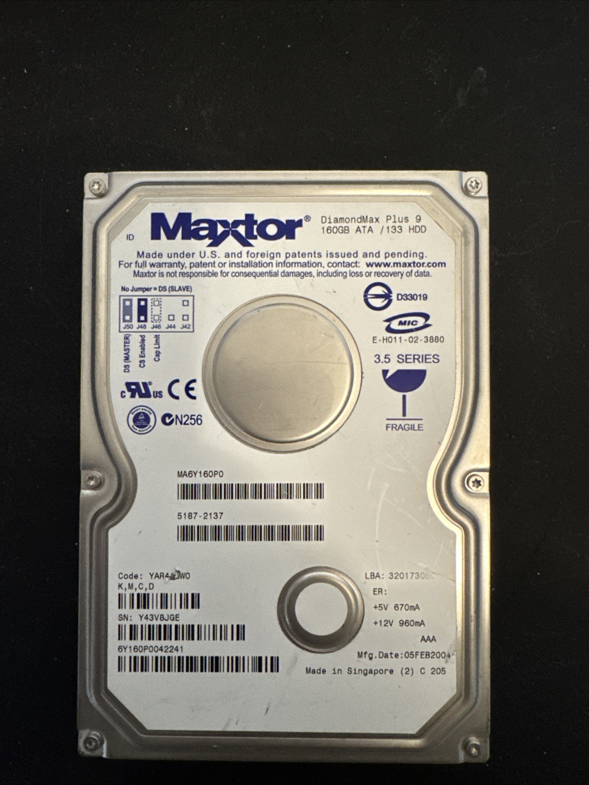 Maxtor DiamondMAX Plus 9 160 GB ATA/133 HDD Hard Drive 3.5 Series Vintage