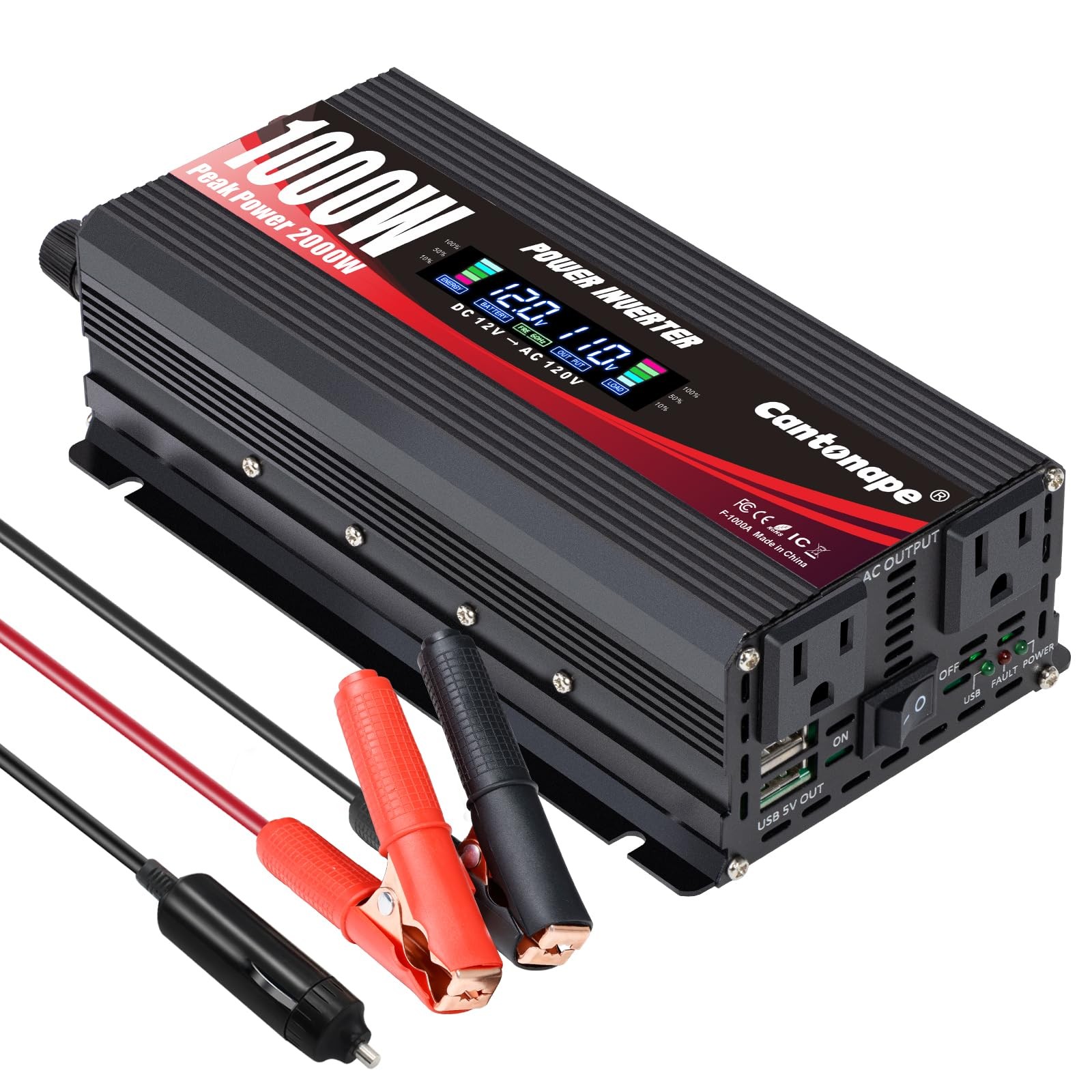 1000W/2000W(Peak) Car Power Inverter DC 12V to 110V AC Converter with LCD Dis...
