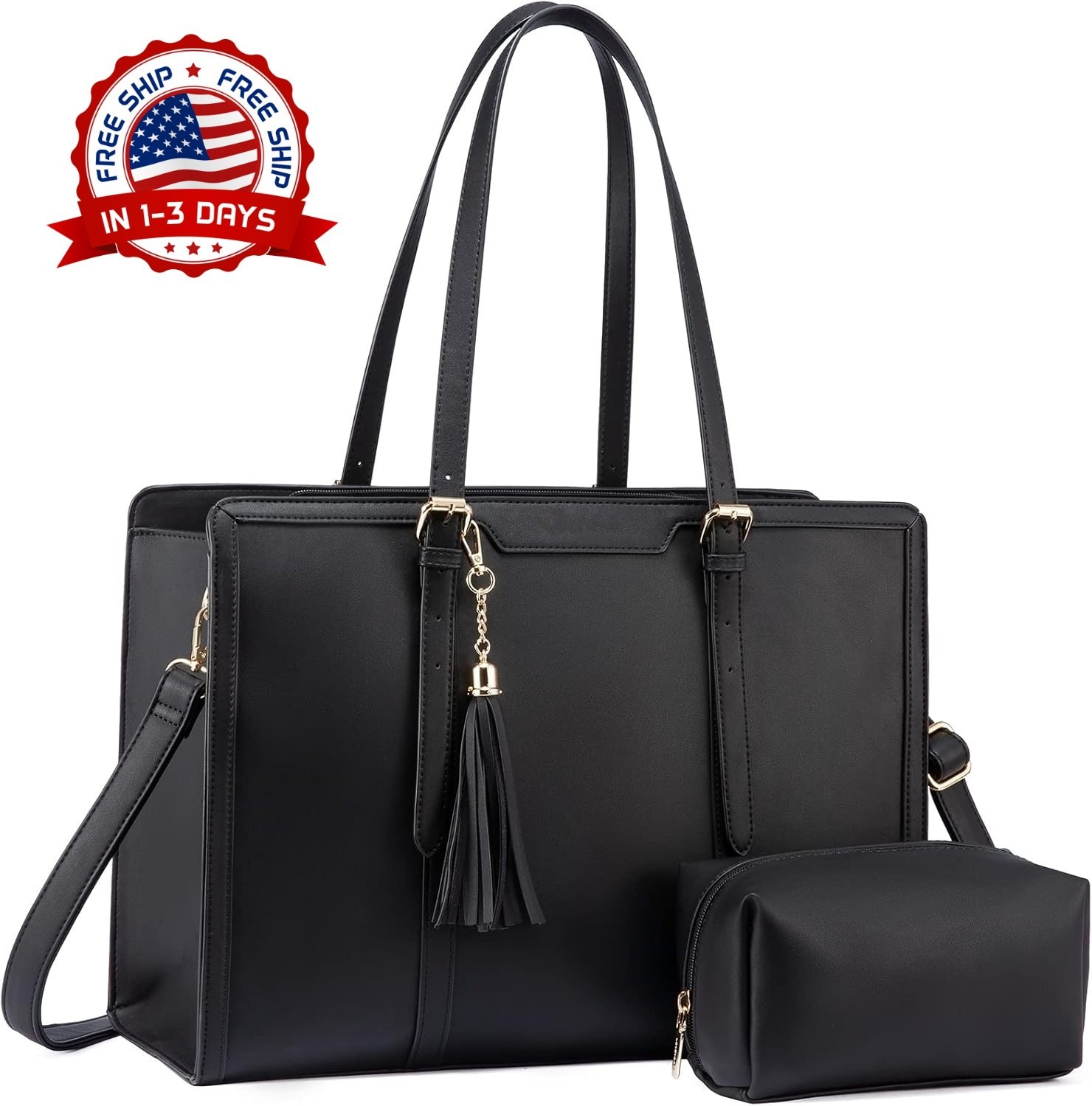 Bolso para portátil de 15,6 pulgadas para mujer, ligero, de poliuretano (Negra)