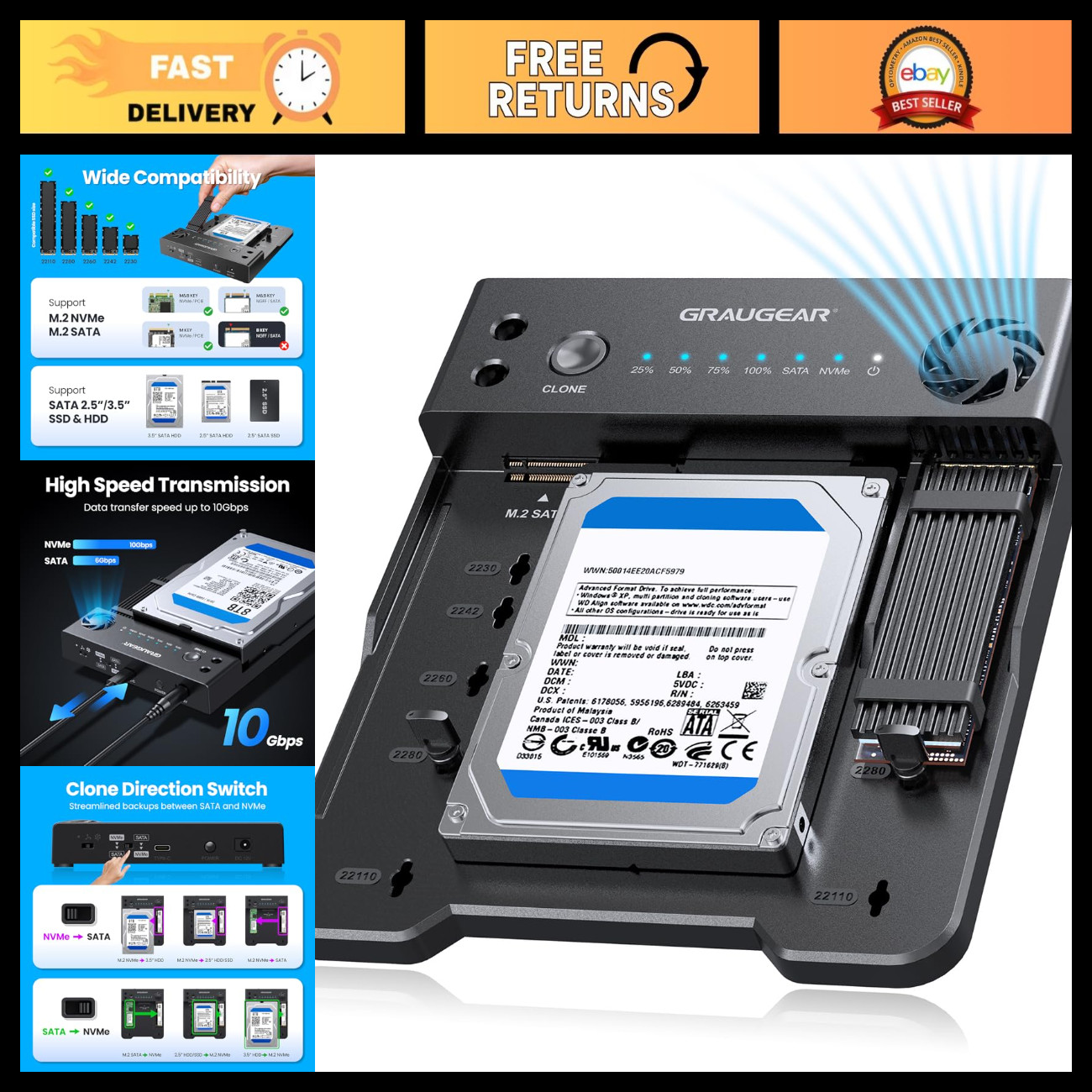 M.2 NVMe & SATA SSD/HDD Docking Station Cloner - Fast Data Transfer, USB 3.0