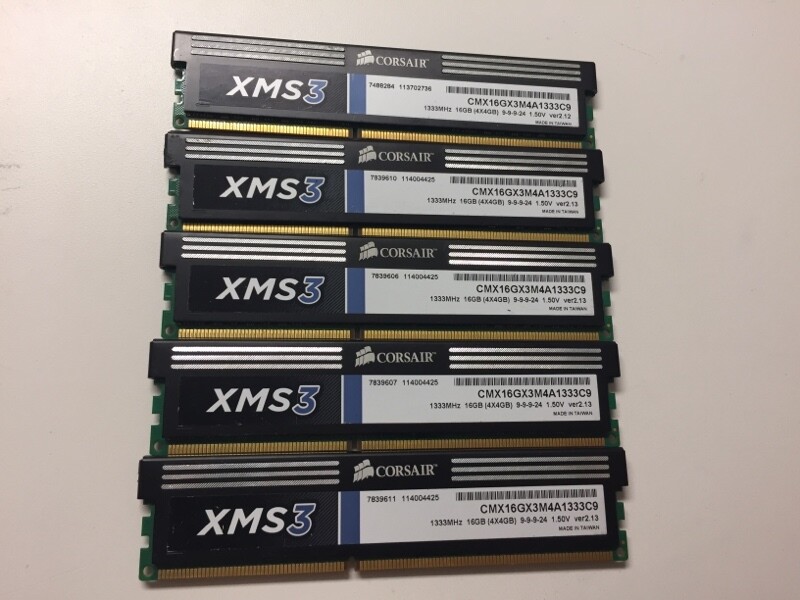 CMX16GX3M4A1333C9 Corsair XMS3 20GB Kit (5 X 4GB) PC3-10600 lot of 5 